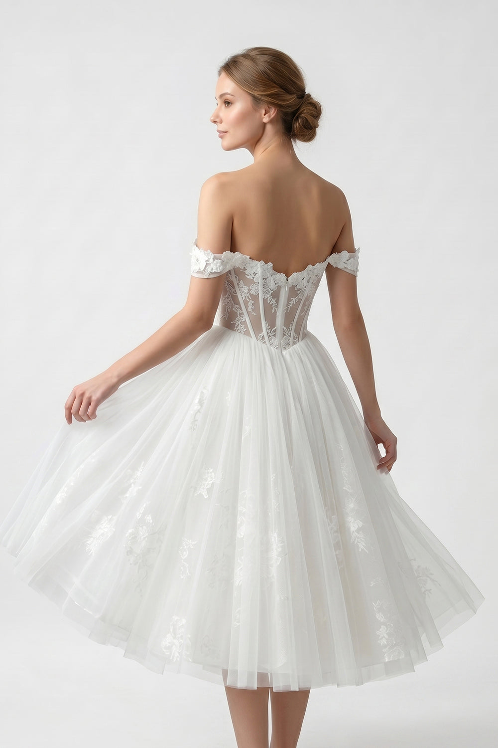 Off-the-Shoulder Lace Corset Tea-Length Wedding Dress | Retro Tulle Bridal Gown