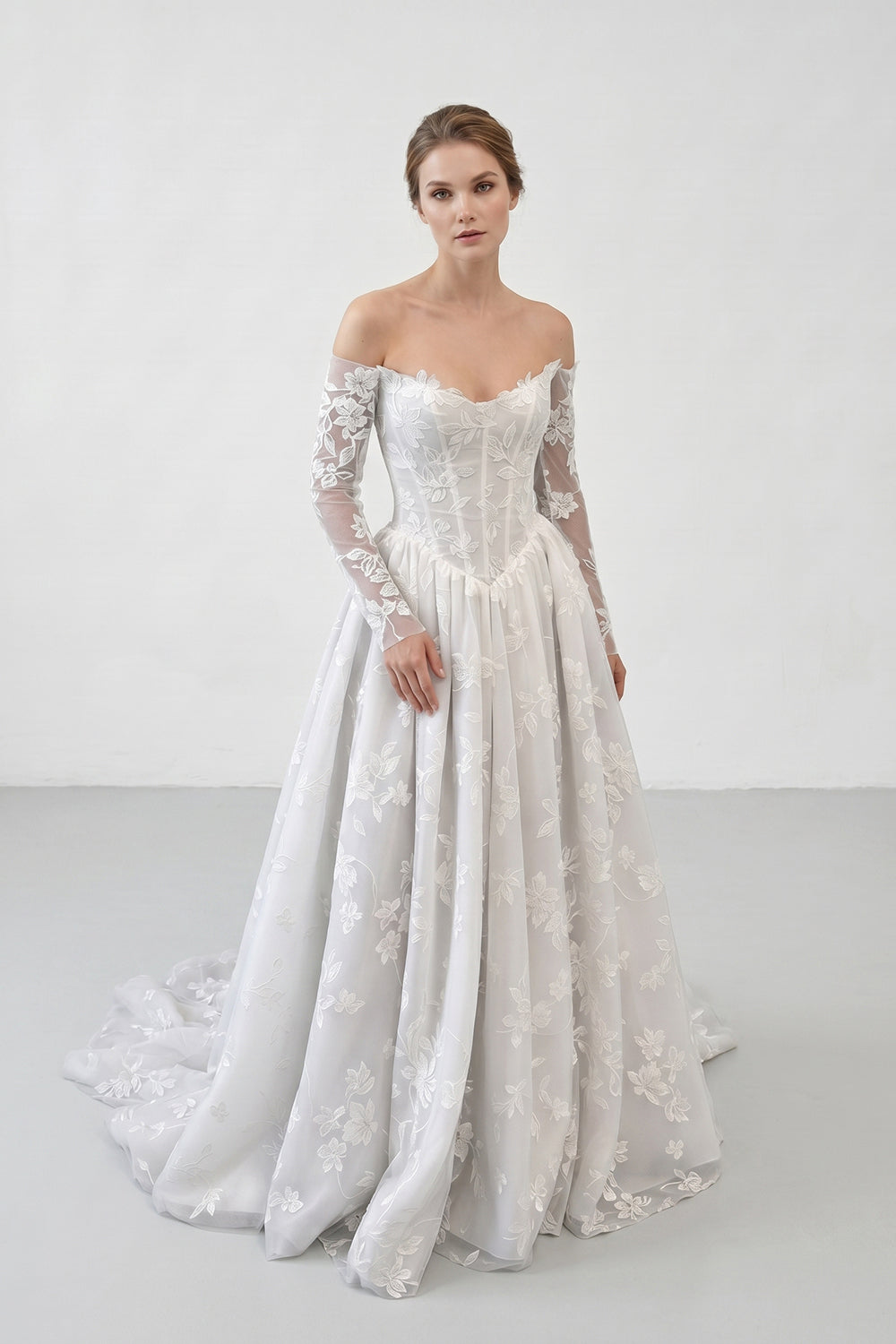 Off-the-Shoulder Long Sleeve Lace Ball Gown Wedding Dress Floral Embroidered Bridal Gown with Train