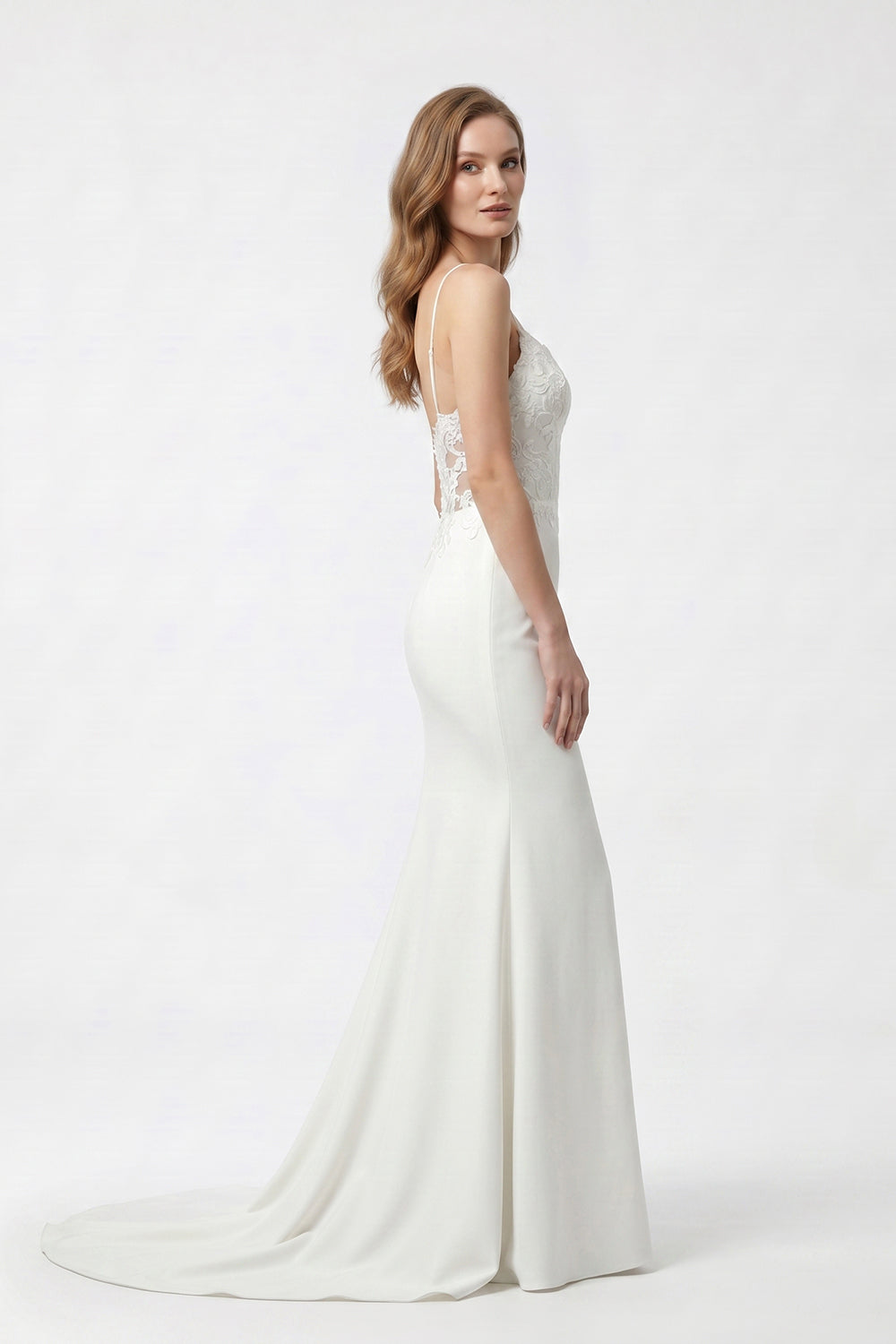 Spaghetti Strap Lace Bodice Tulle Mermaid Wedding Dress | Fitted Bridal Gown with Train