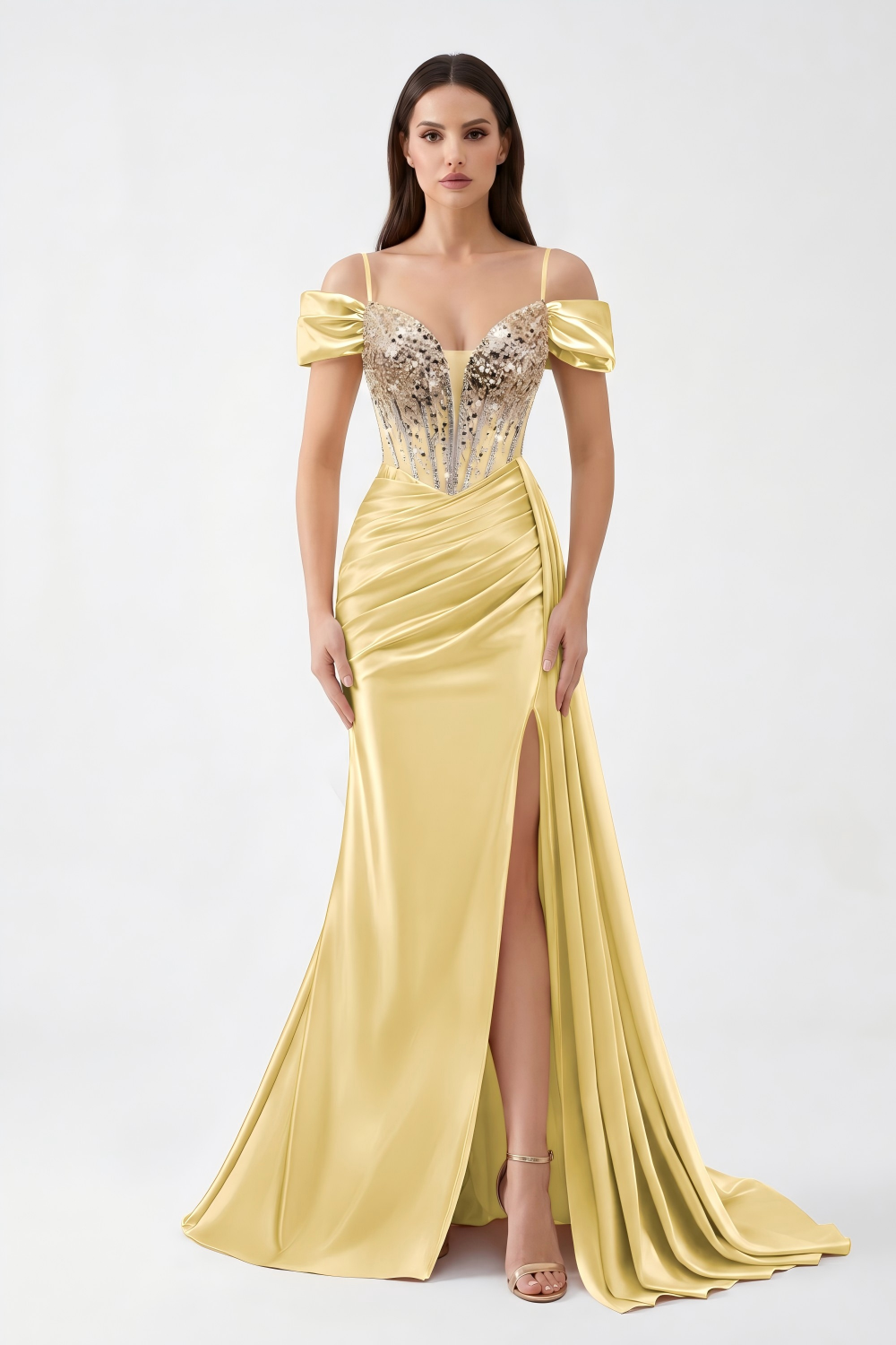 Beaded Corset Satin Mermaid Evening Gown - Off-Shoulder & High Slit