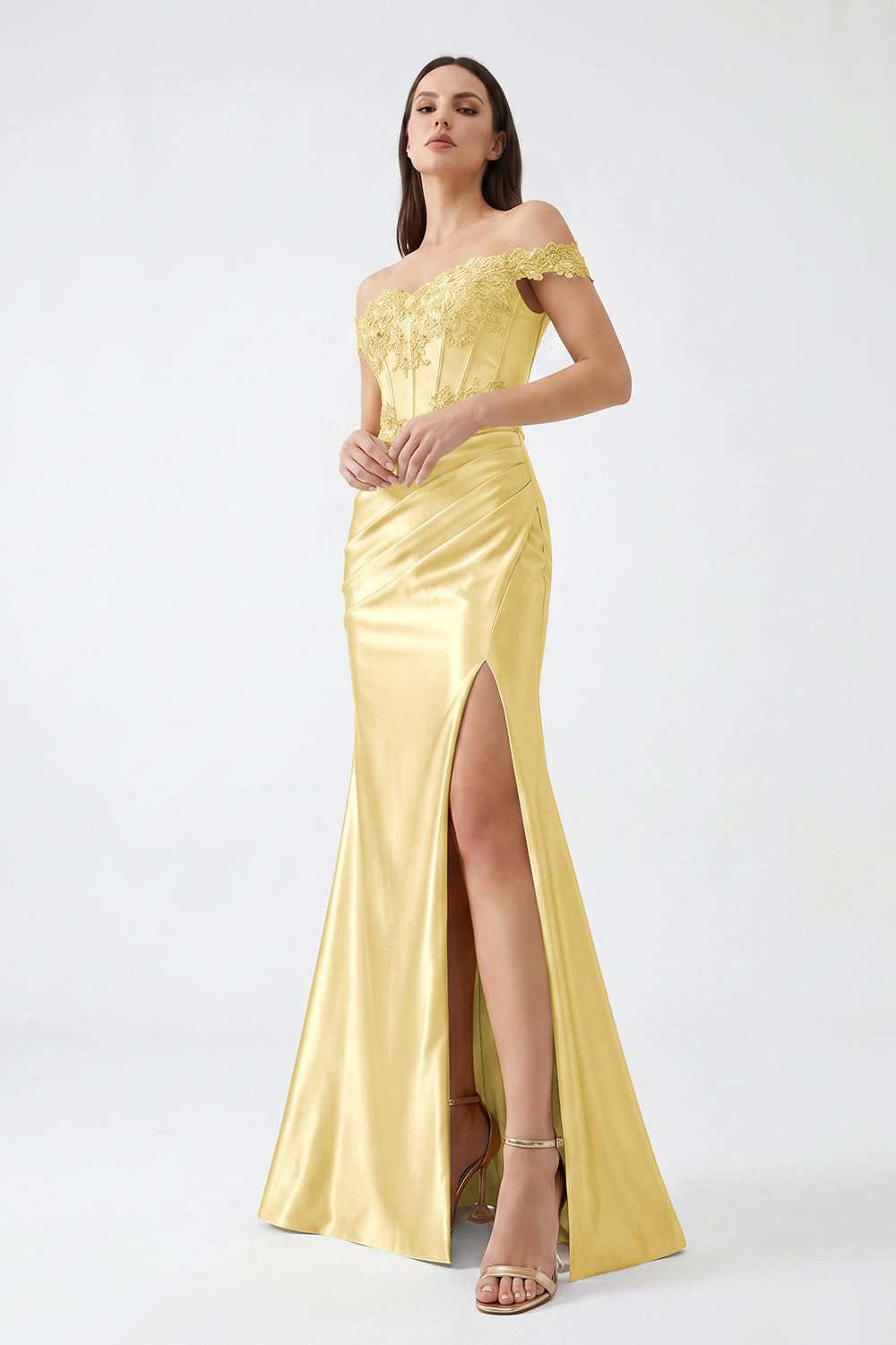 Champagne Off-Shoulder Lace Corset Satin Bridesmaid Dress | Slit Mermaid Formal Gown