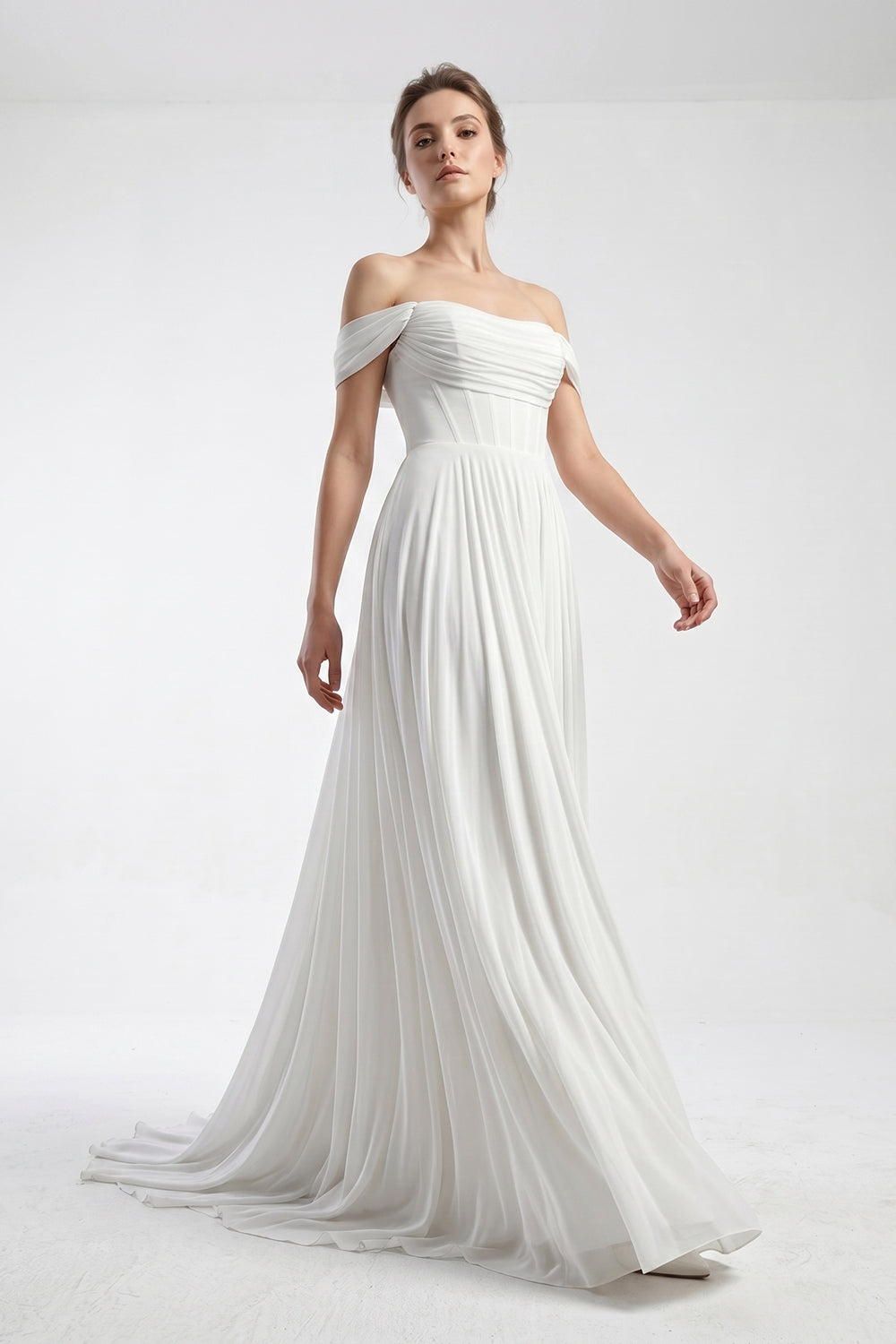 Off-the-Shoulder Corset Chiffon Wedding Dress Flowy A-Line Bridal Gown with Train