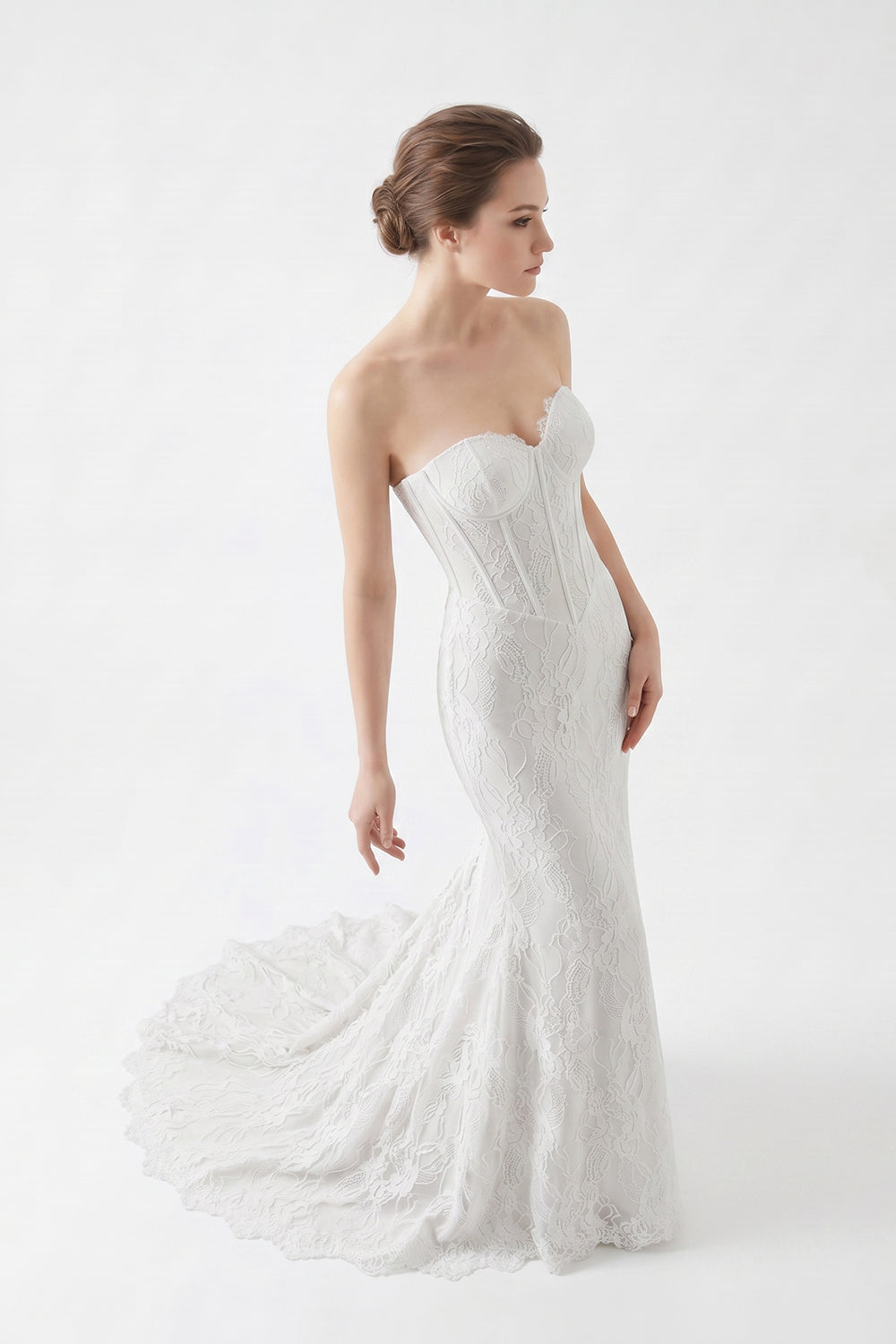 Strapless Corset Lace Mermaid Wedding Dress Elegant Fitted Bridal Gown with Train