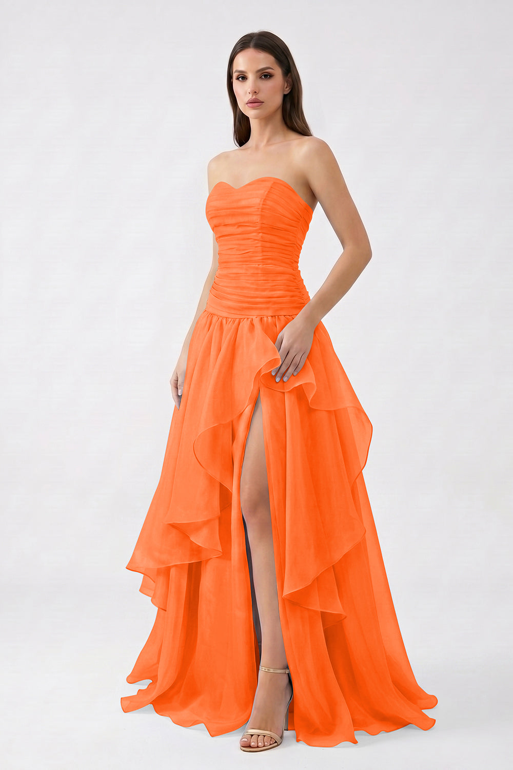 Light Blue Strapless Ruched Chiffon Bridesmaid Dress | Tiered Slit Formal Gown