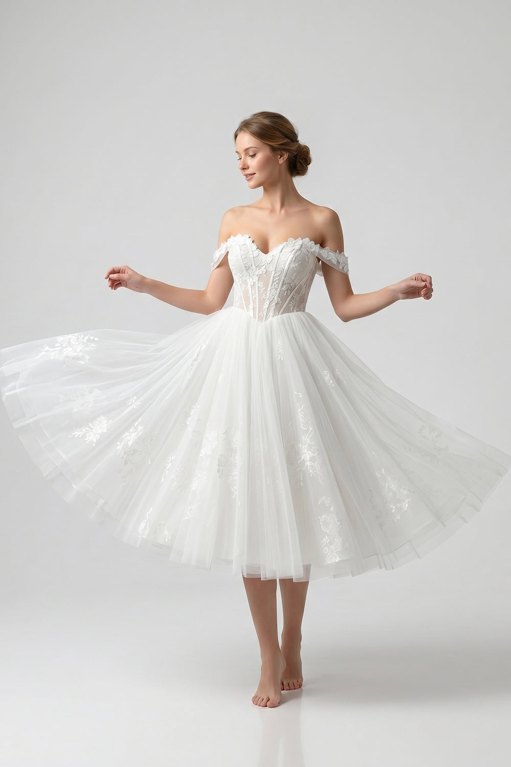 Off-the-Shoulder Lace Corset Tea-Length Wedding Dress | Retro Tulle Bridal Gown