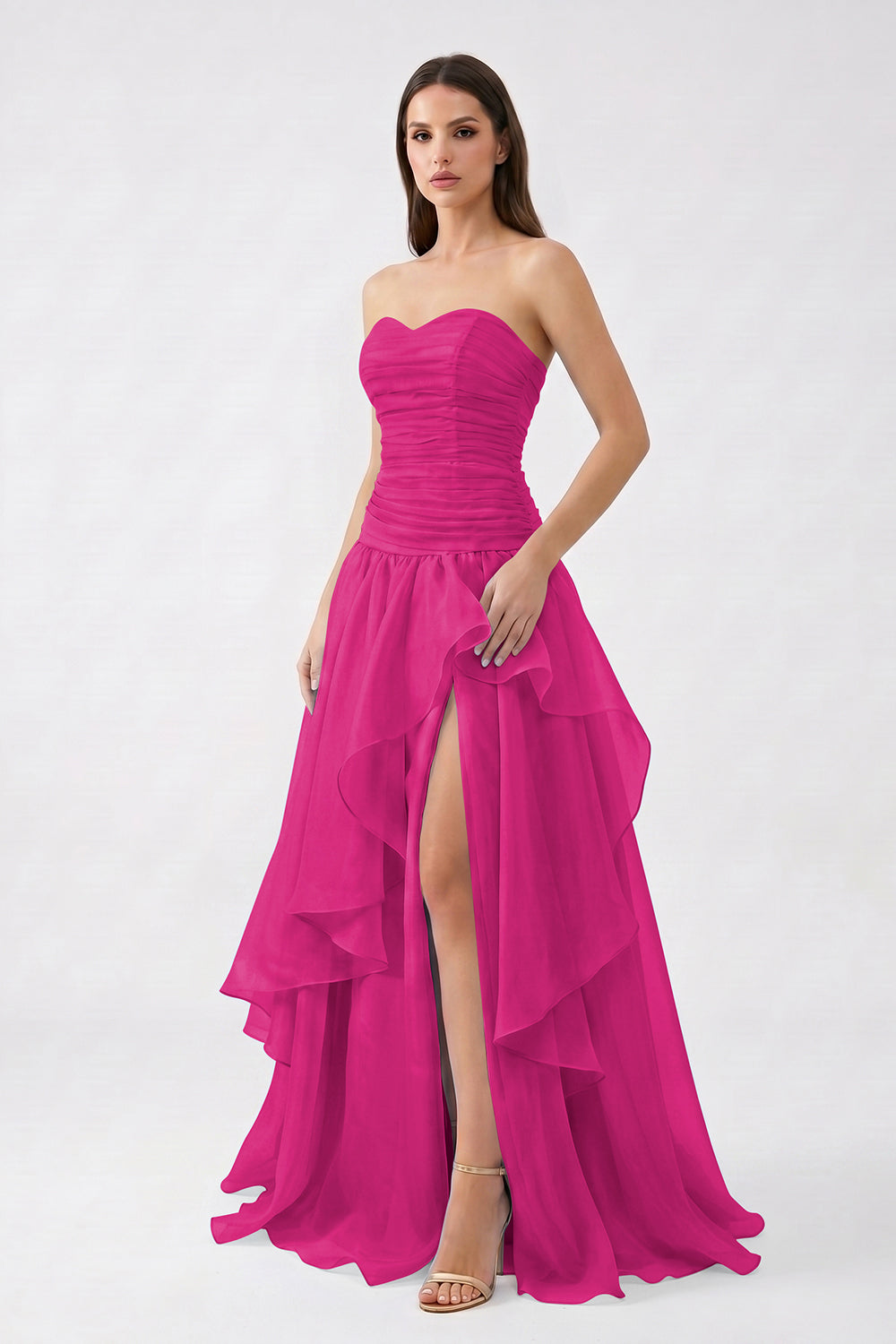 Light Blue Strapless Ruched Chiffon Bridesmaid Dress | Tiered Slit Formal Gown