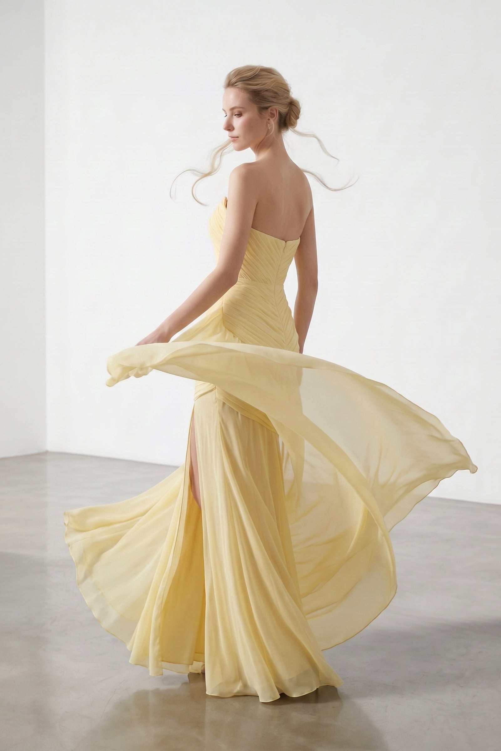 Yellow Strapless Ruched Chiffon Bridesmaid Dress | Slit Mermaid Formal Gown