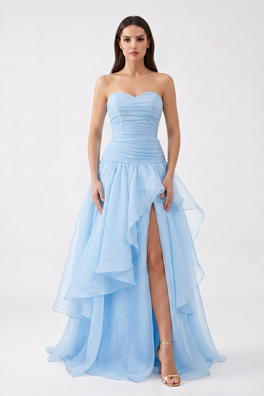 Light Blue Strapless Ruched Chiffon Bridesmaid Dress | Tiered Slit Formal Gown