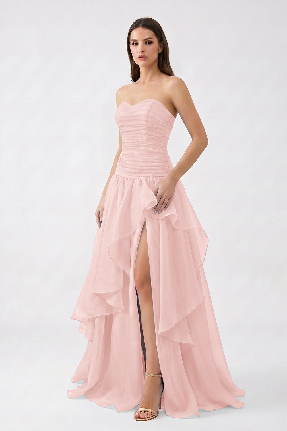 Light Blue Strapless Ruched Chiffon Bridesmaid Dress | Tiered Slit Formal Gown