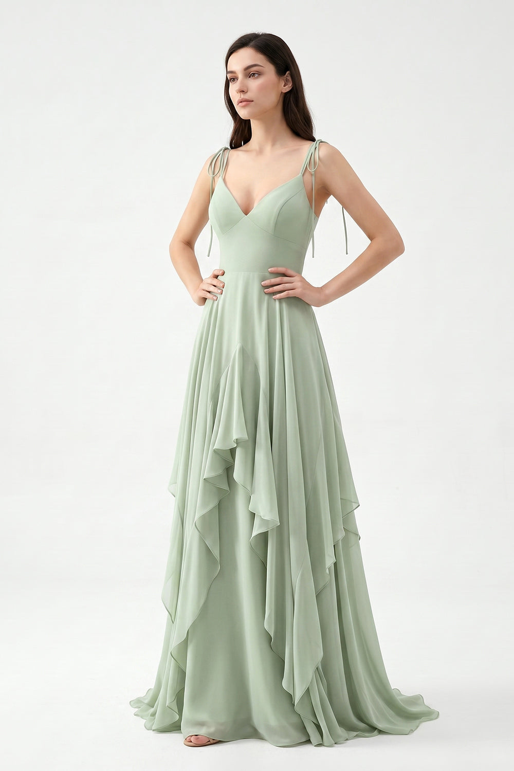 Sage Green Tie-Strap Ruffle Chiffon Bridesmaid Dress | Flowy Formal Gown