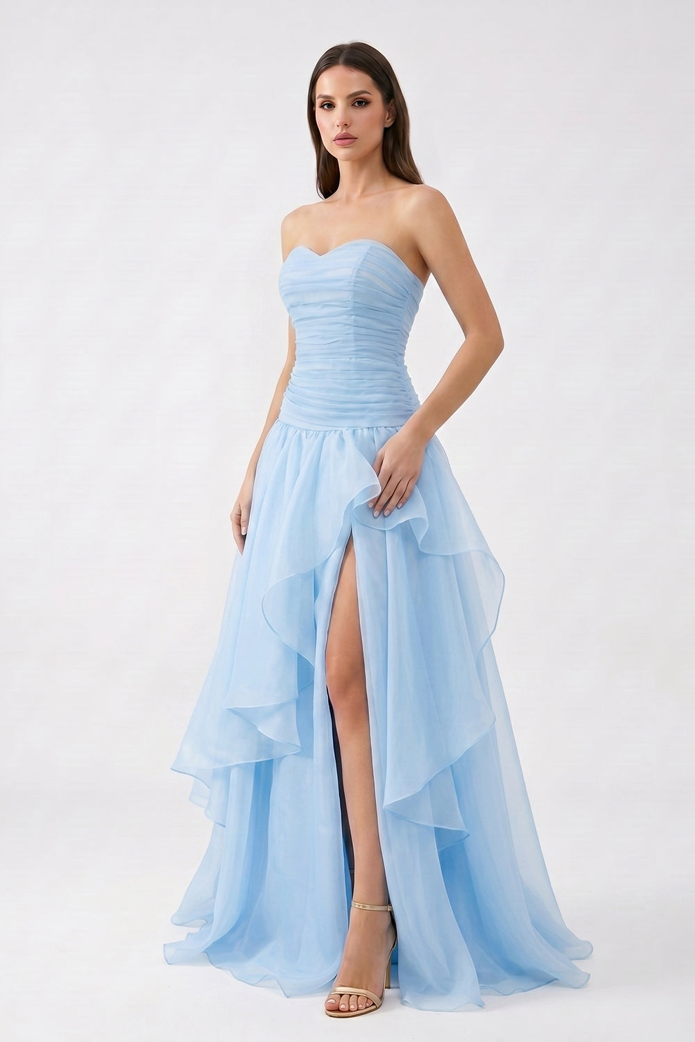 Light Blue Strapless Ruched Chiffon Bridesmaid Dress | Tiered Slit Formal Gown