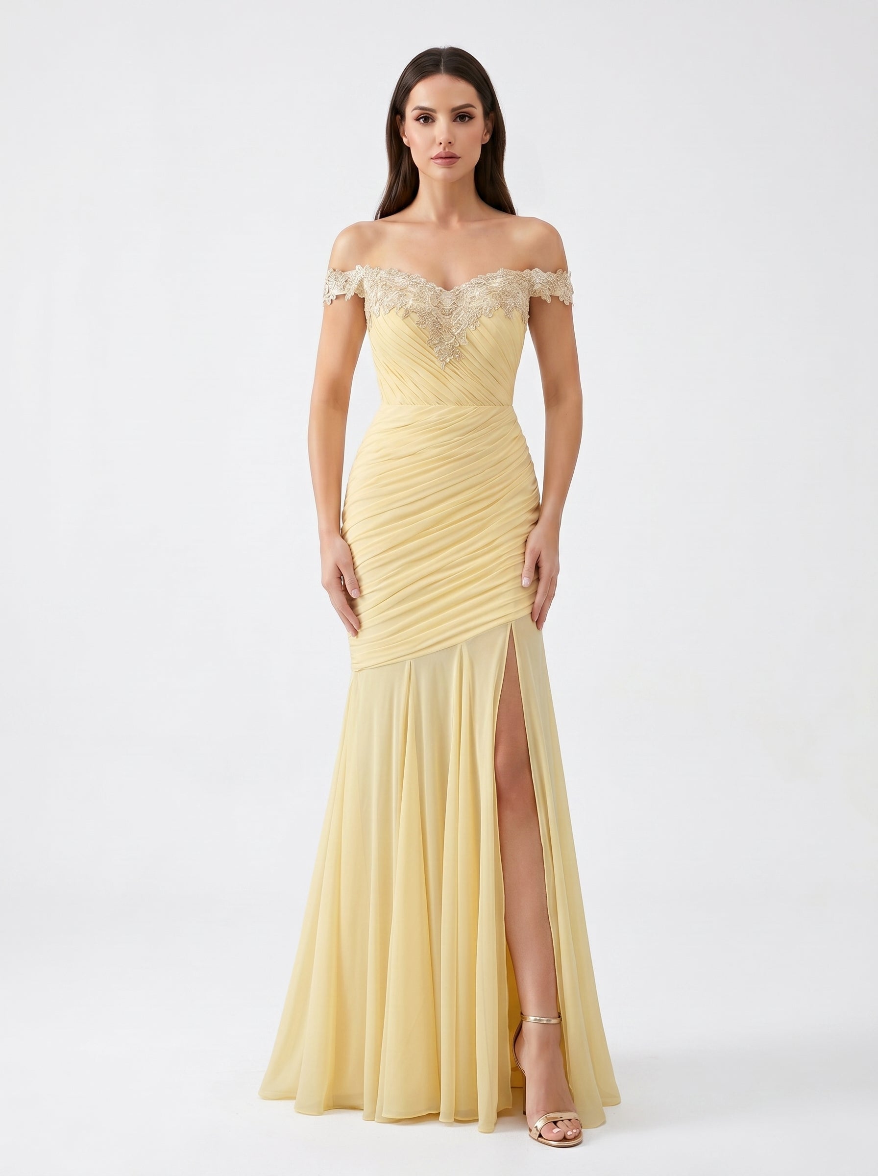 Yellow Off-Shoulder Lace Ruched Chiffon Bridesmaid Dress | Slit Mermaid Formal Gown