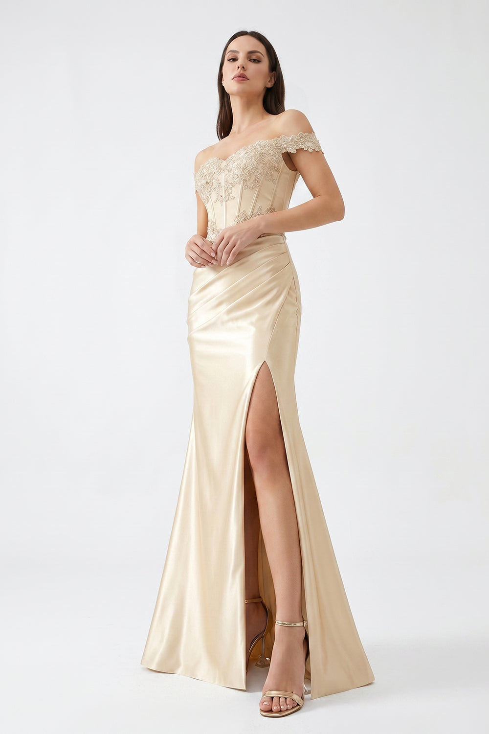 Champagne Off-Shoulder Lace Corset Satin Bridesmaid Dress | Slit Mermaid Formal Gown