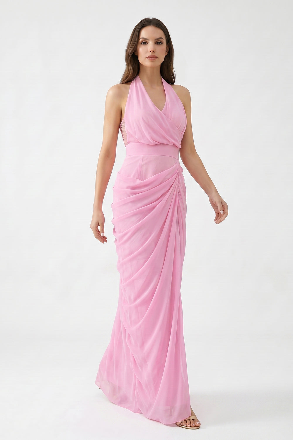 Pink Halter Neck Draped Chiffon Bridesmaid Dress | Formal Evening Gown