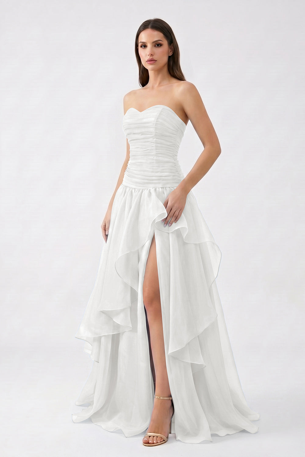 Light Blue Strapless Ruched Chiffon Bridesmaid Dress | Tiered Slit Formal Gown