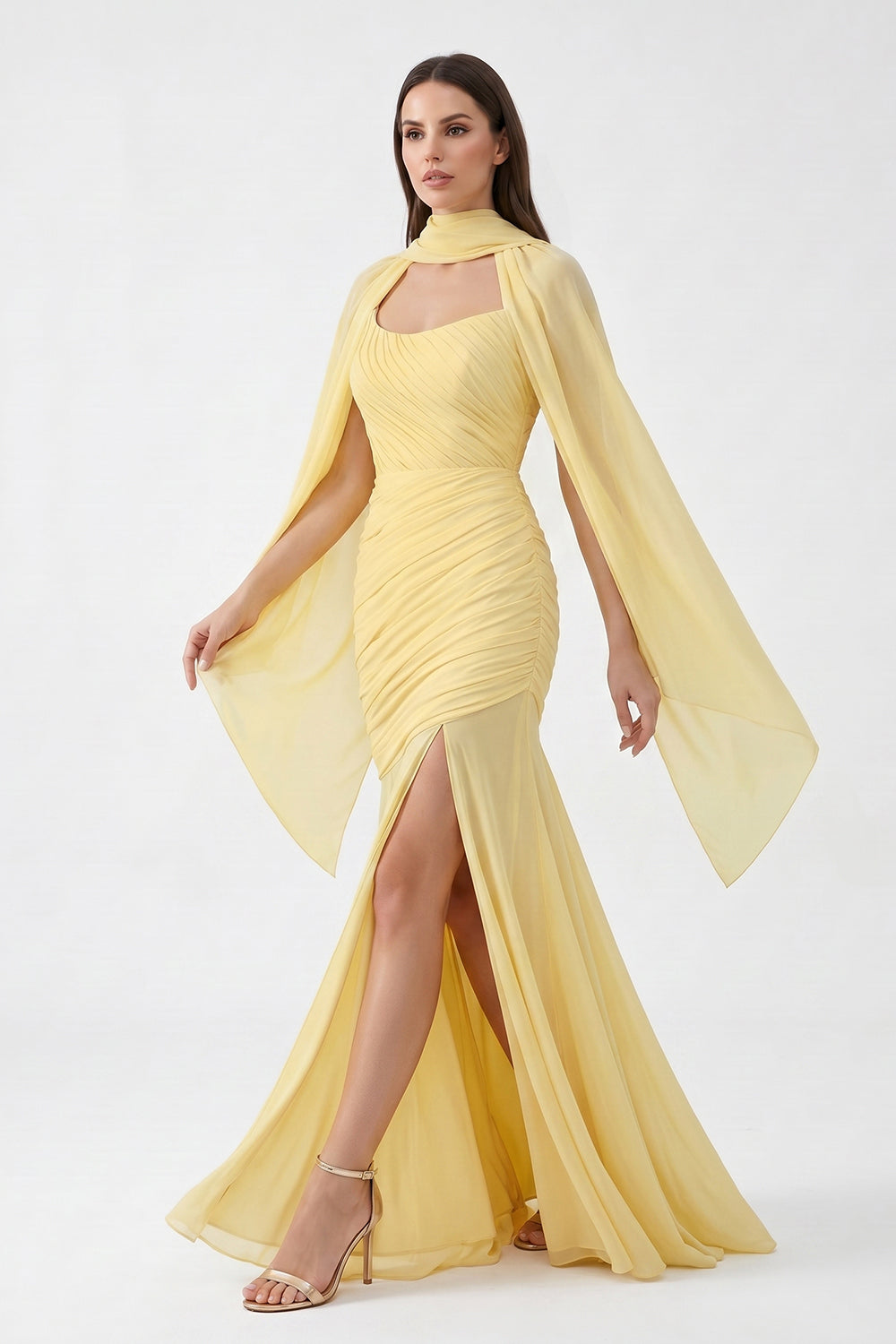 Yellow Cape Sleeve Ruched Chiffon Bridesmaid Dress | Slit Mermaid Formal Gown