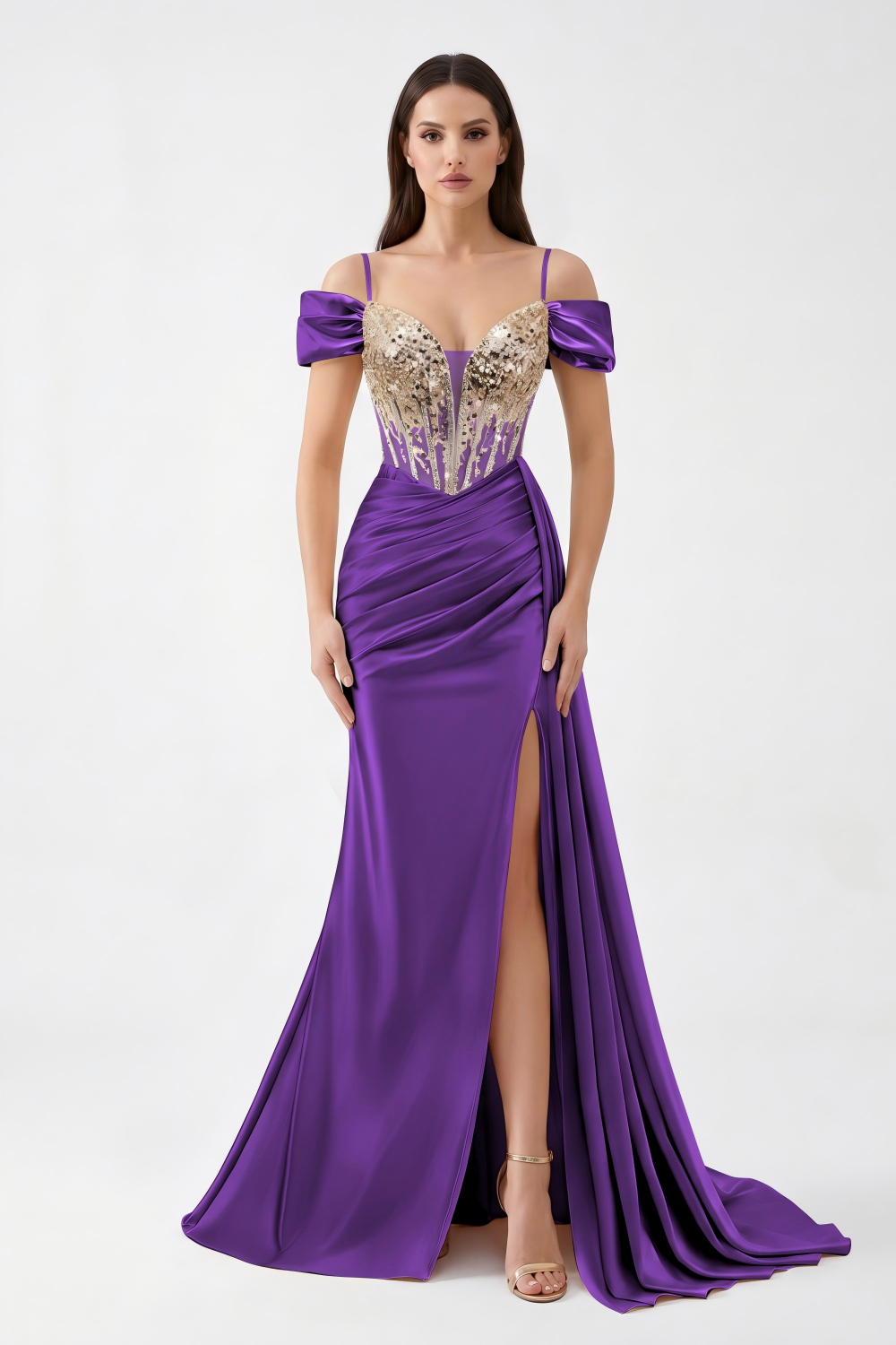 Beaded Corset Satin Mermaid Evening Gown - Off-Shoulder & High Slit