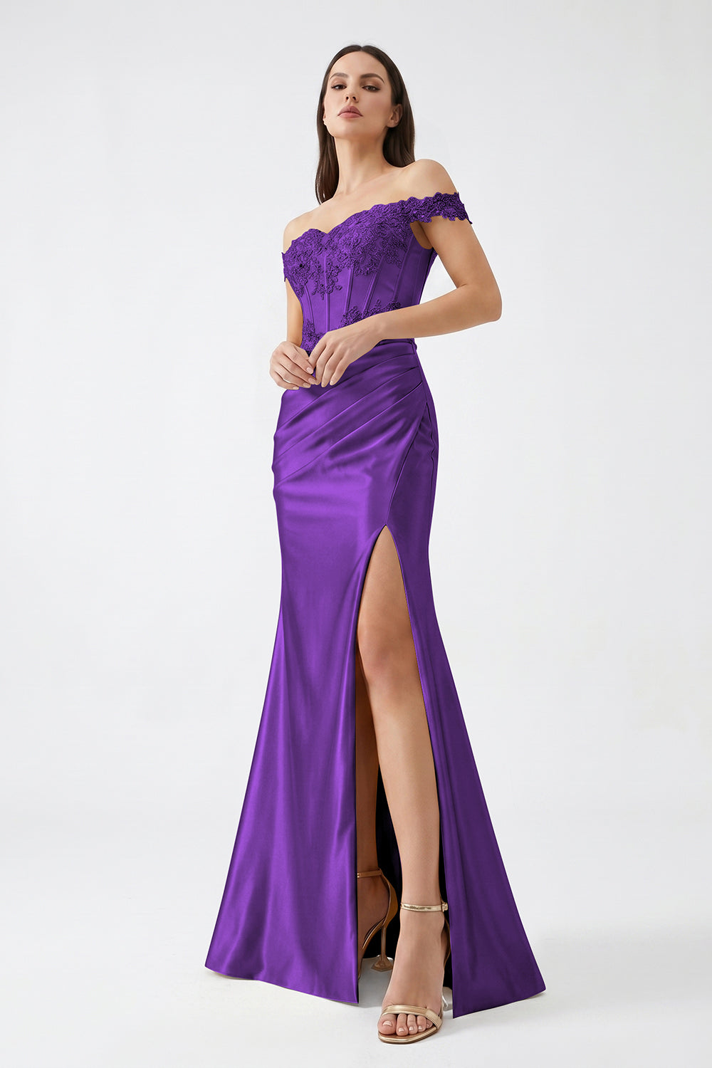 Champagne Off-Shoulder Lace Corset Satin Bridesmaid Dress | Slit Mermaid Formal Gown