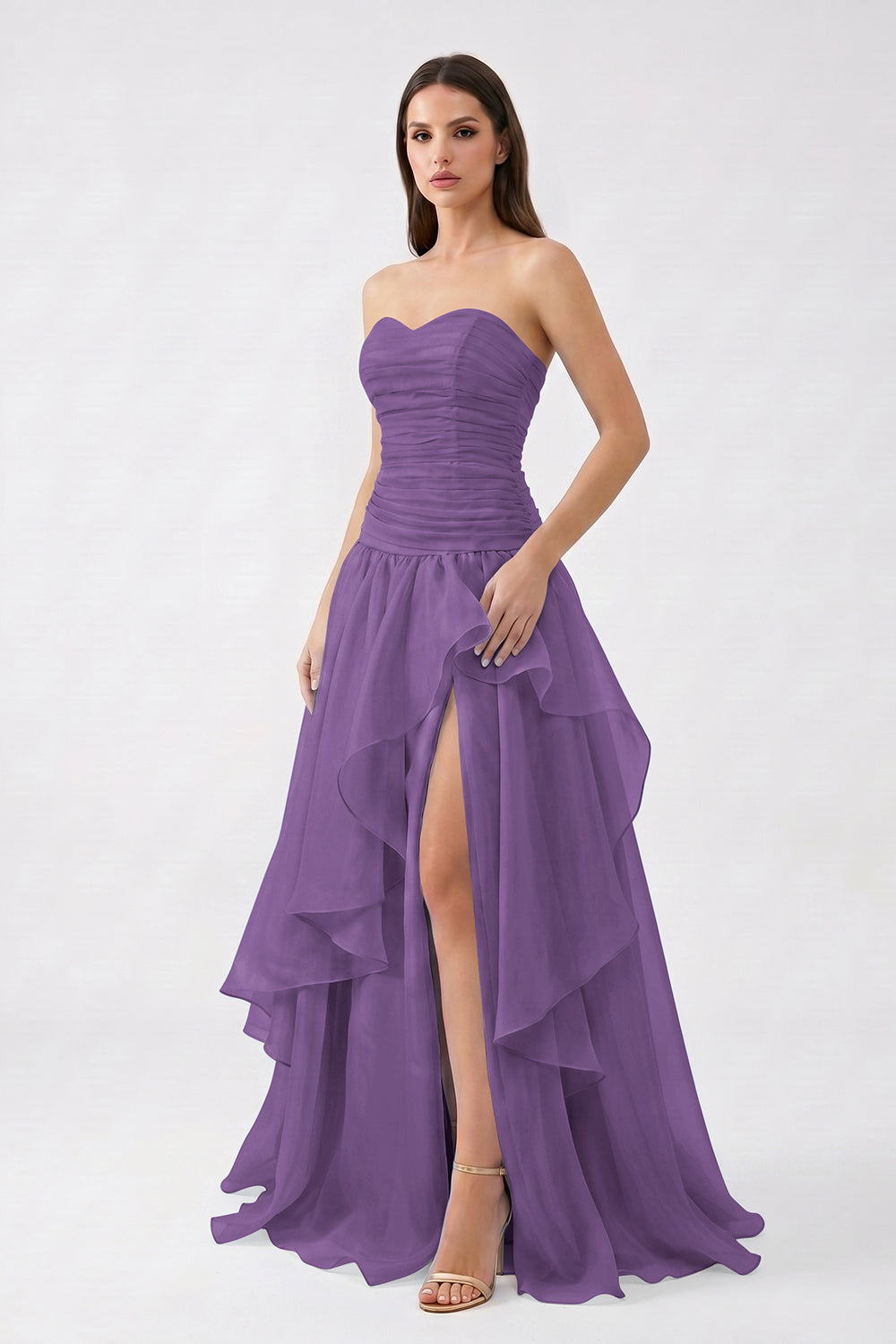 Light Blue Strapless Ruched Chiffon Bridesmaid Dress | Tiered Slit Formal Gown