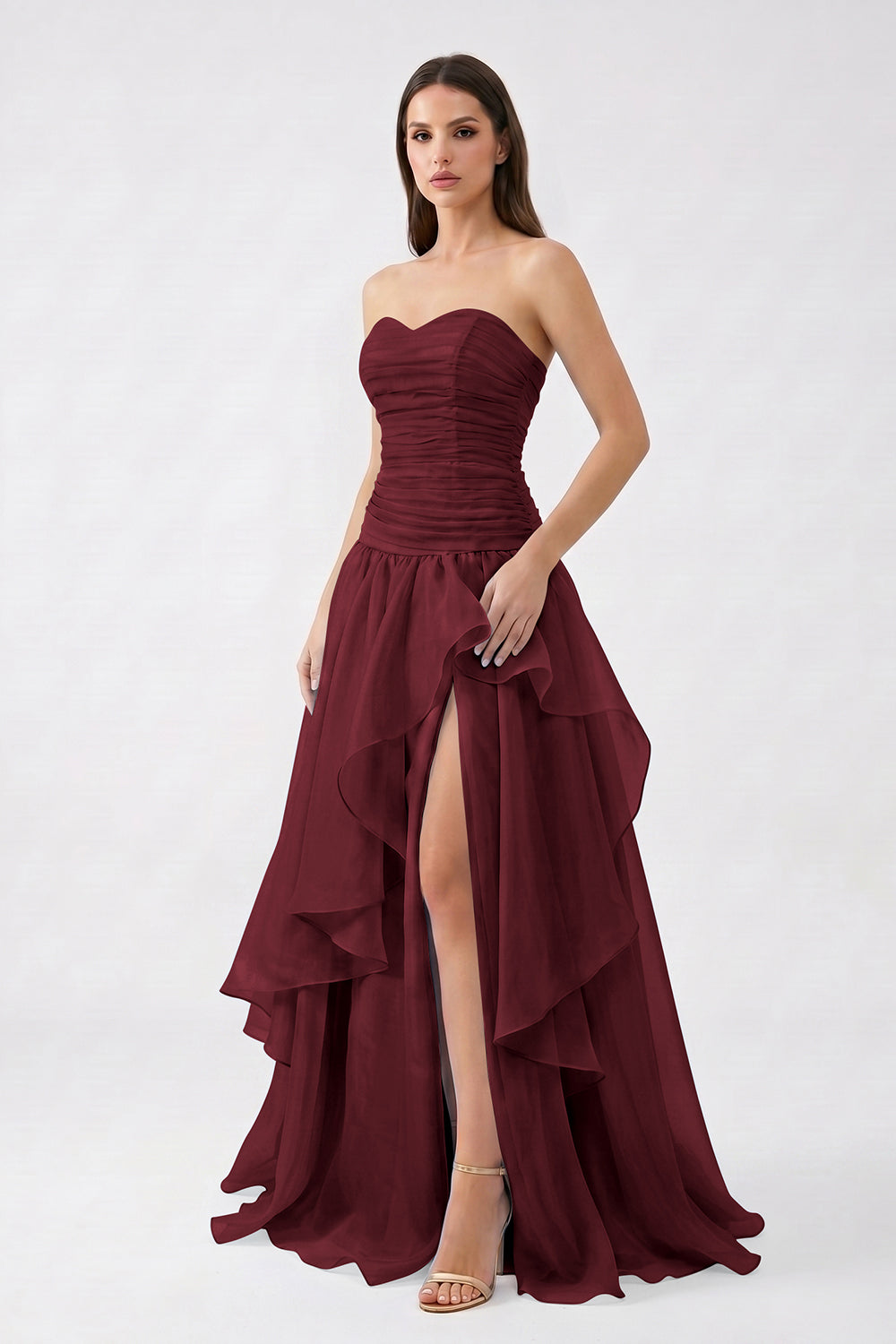 Light Blue Strapless Ruched Chiffon Bridesmaid Dress | Tiered Slit Formal Gown