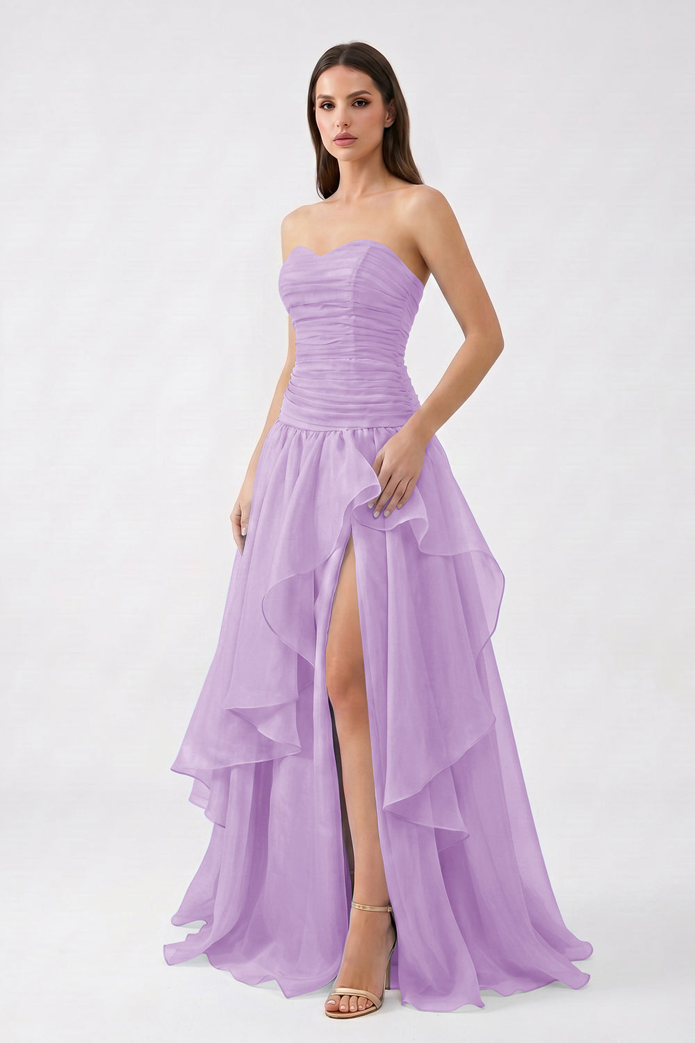 Light Blue Strapless Ruched Chiffon Bridesmaid Dress | Tiered Slit Formal Gown
