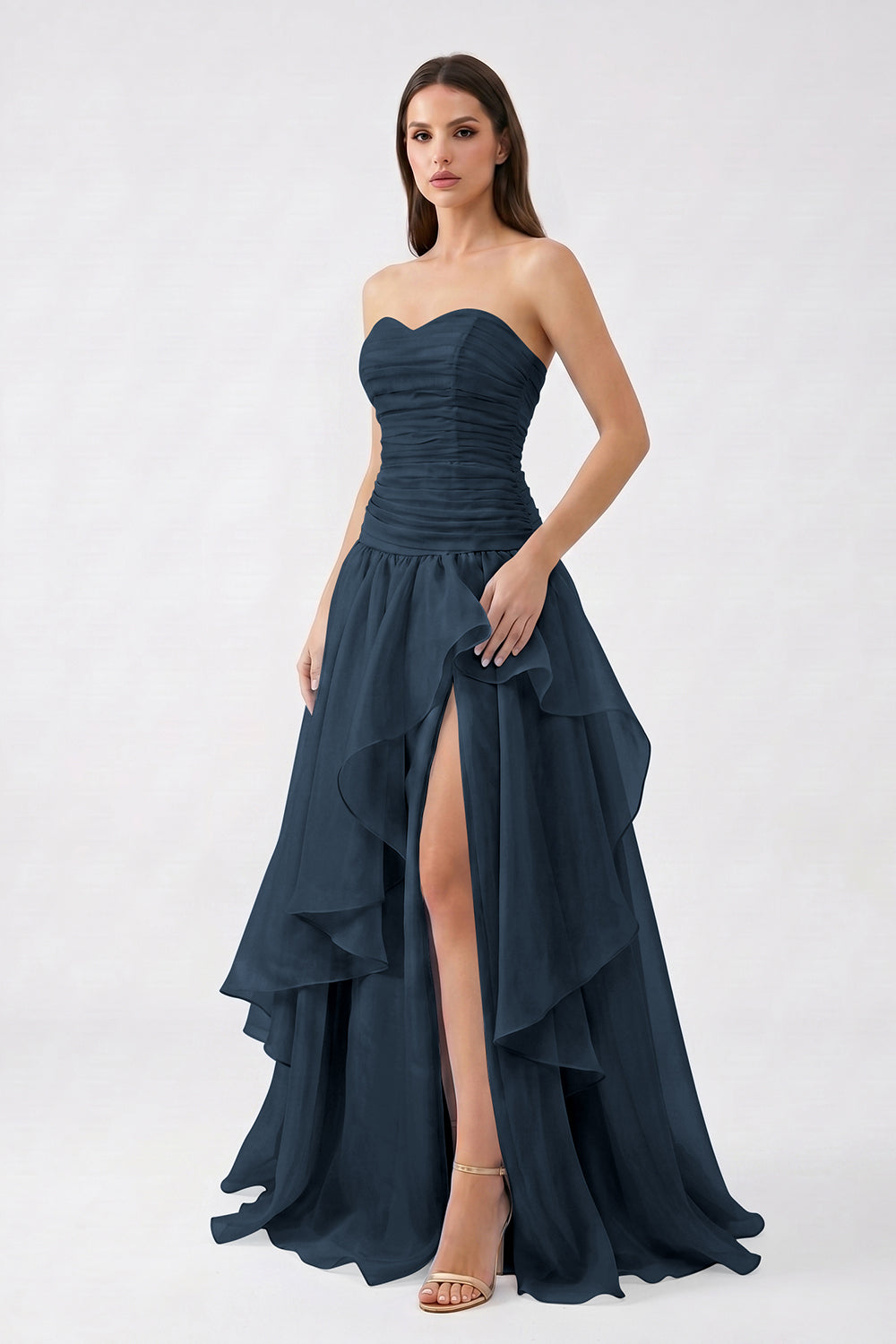 Light Blue Strapless Ruched Chiffon Bridesmaid Dress | Tiered Slit Formal Gown