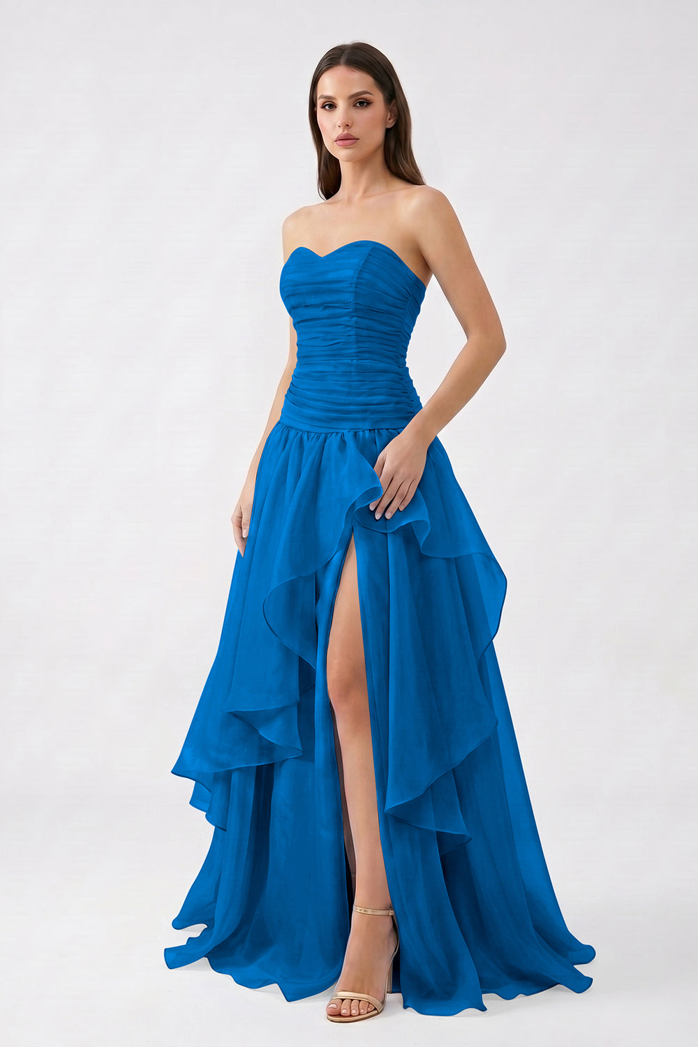 Light Blue Strapless Ruched Chiffon Bridesmaid Dress | Tiered Slit Formal Gown