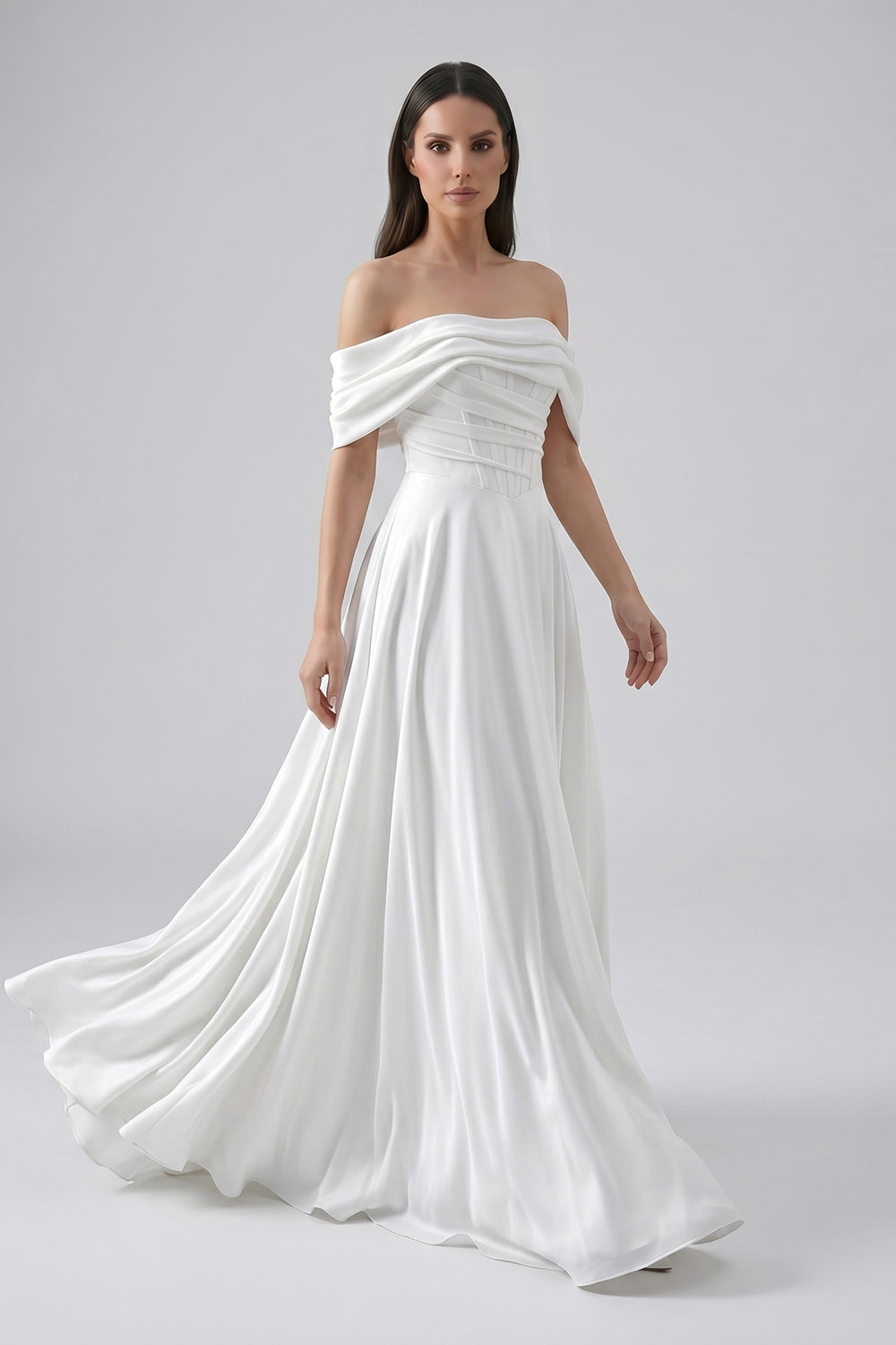 Off-the-Shoulder Chiffon A-Line Wedding Dress | Corset Bodice Bridal Gown with Train