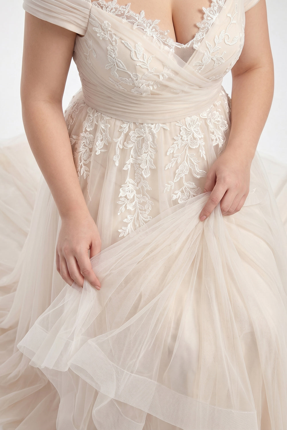 Plus Size Off-the-Shoulder Lace Tulle A-Line Wedding Dress | Nude Bridal Gown with Train