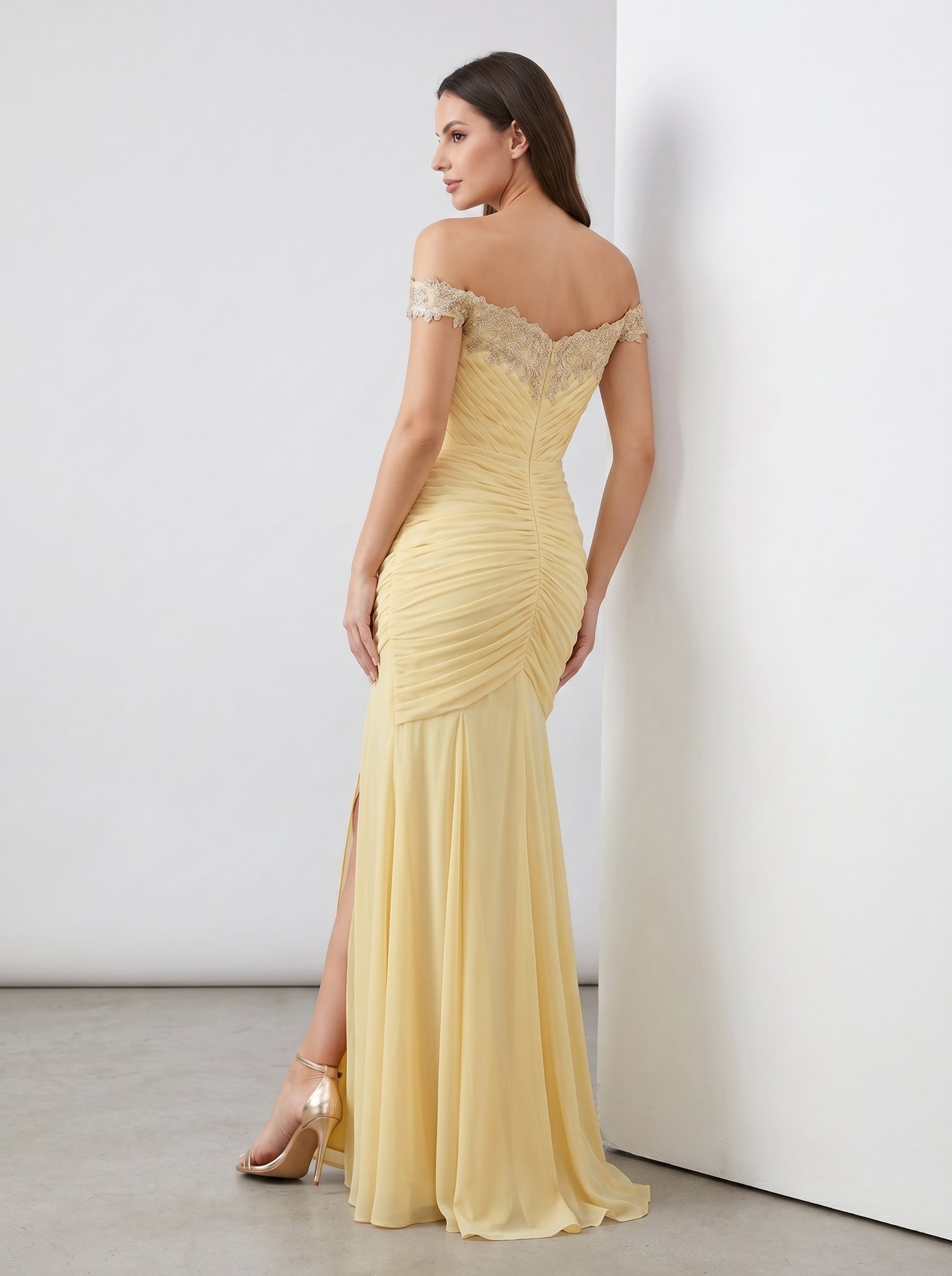 Yellow Off-Shoulder Lace Ruched Chiffon Bridesmaid Dress | Slit Mermaid Formal Gown