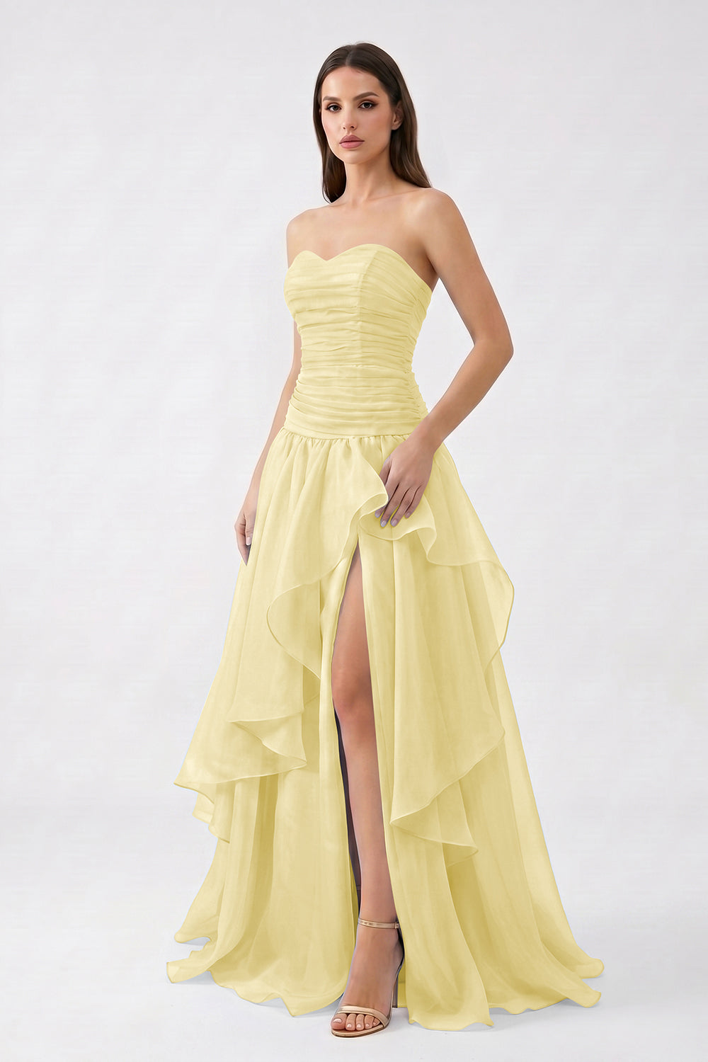 Light Blue Strapless Ruched Chiffon Bridesmaid Dress | Tiered Slit Formal Gown