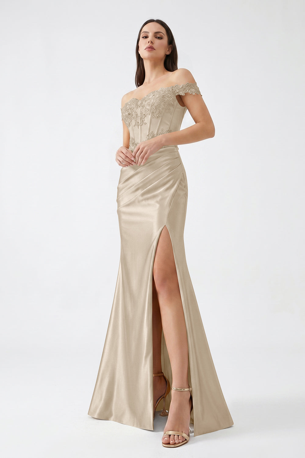 Champagne Off-Shoulder Lace Corset Satin Bridesmaid Dress | Slit Mermaid Formal Gown