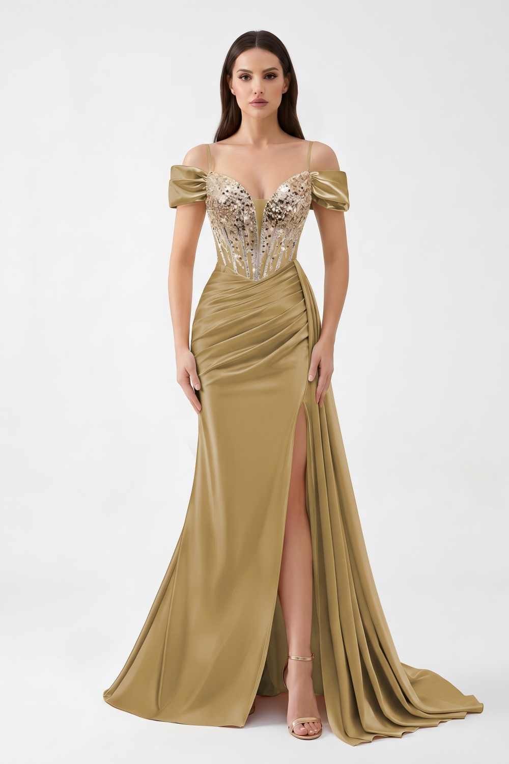 Beaded Corset Satin Mermaid Evening Gown - Off-Shoulder & High Slit