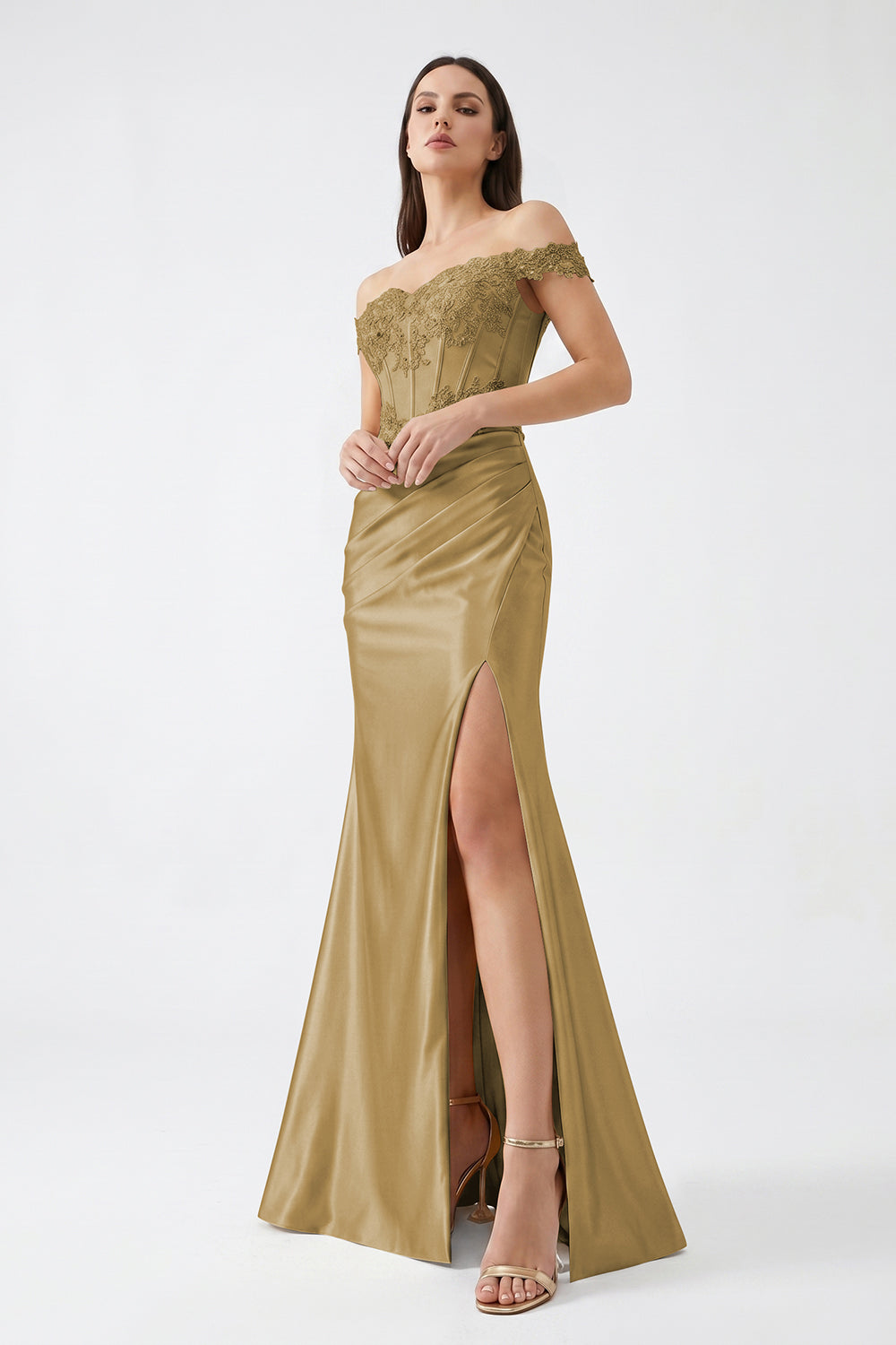 Champagne Off-Shoulder Lace Corset Satin Bridesmaid Dress | Slit Mermaid Formal Gown