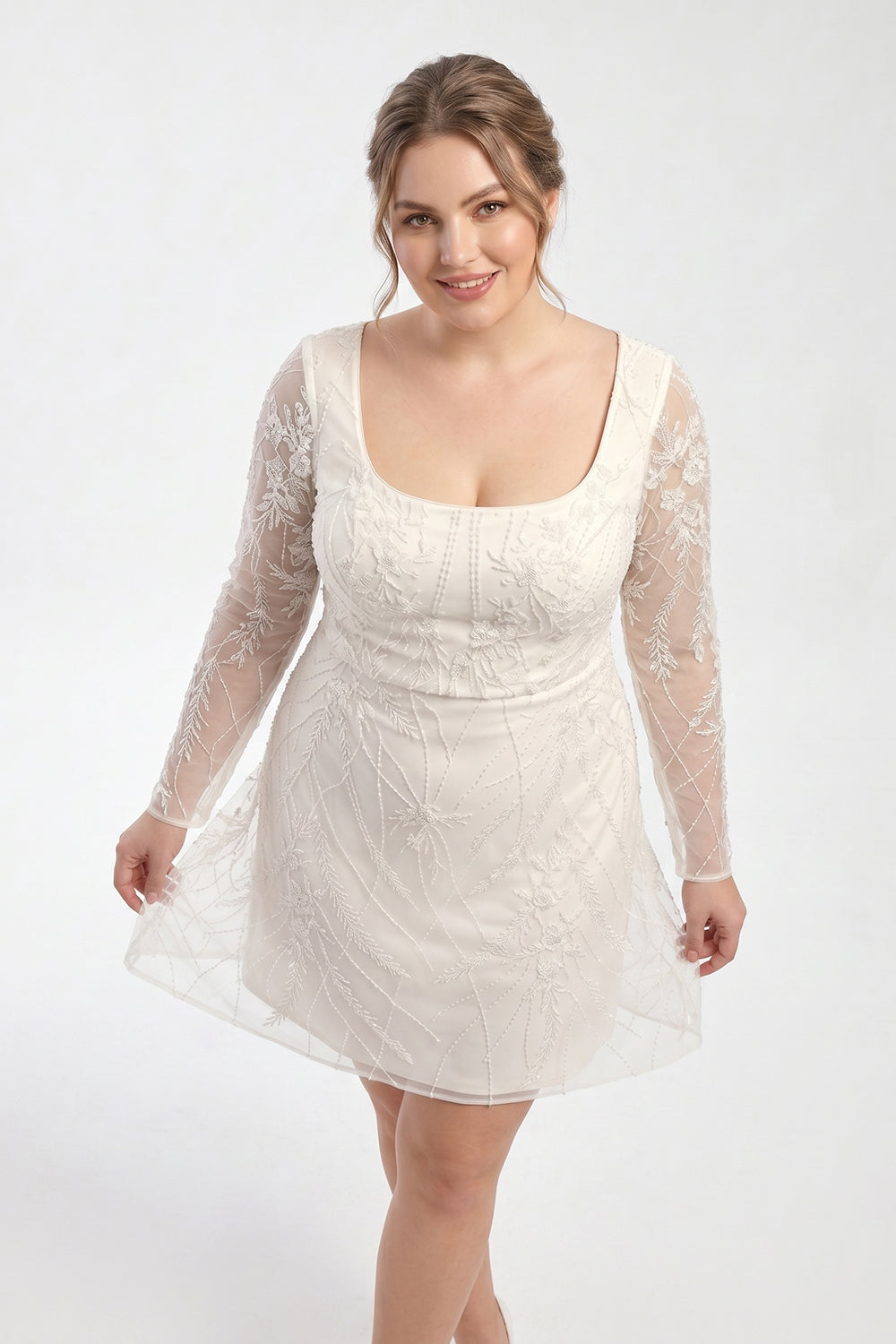 Plus Size Long Sleeve Lace Short Wedding Dress Beaded Bridal Reception Dress