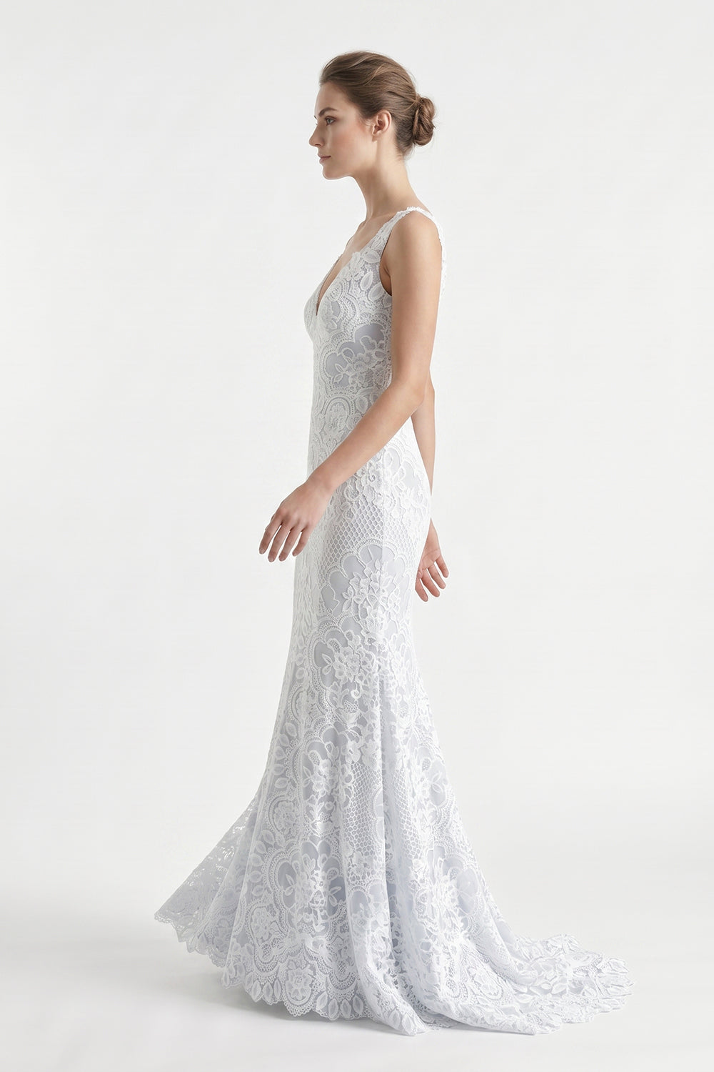 V-Neck Sleeveless Lace Mermaid Wedding Dress Romantic Bridal Gown with Train