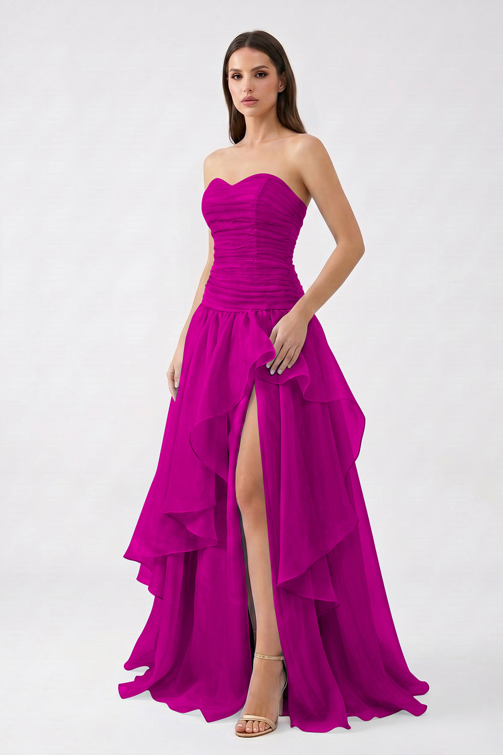 Light Blue Strapless Ruched Chiffon Bridesmaid Dress | Tiered Slit Formal Gown