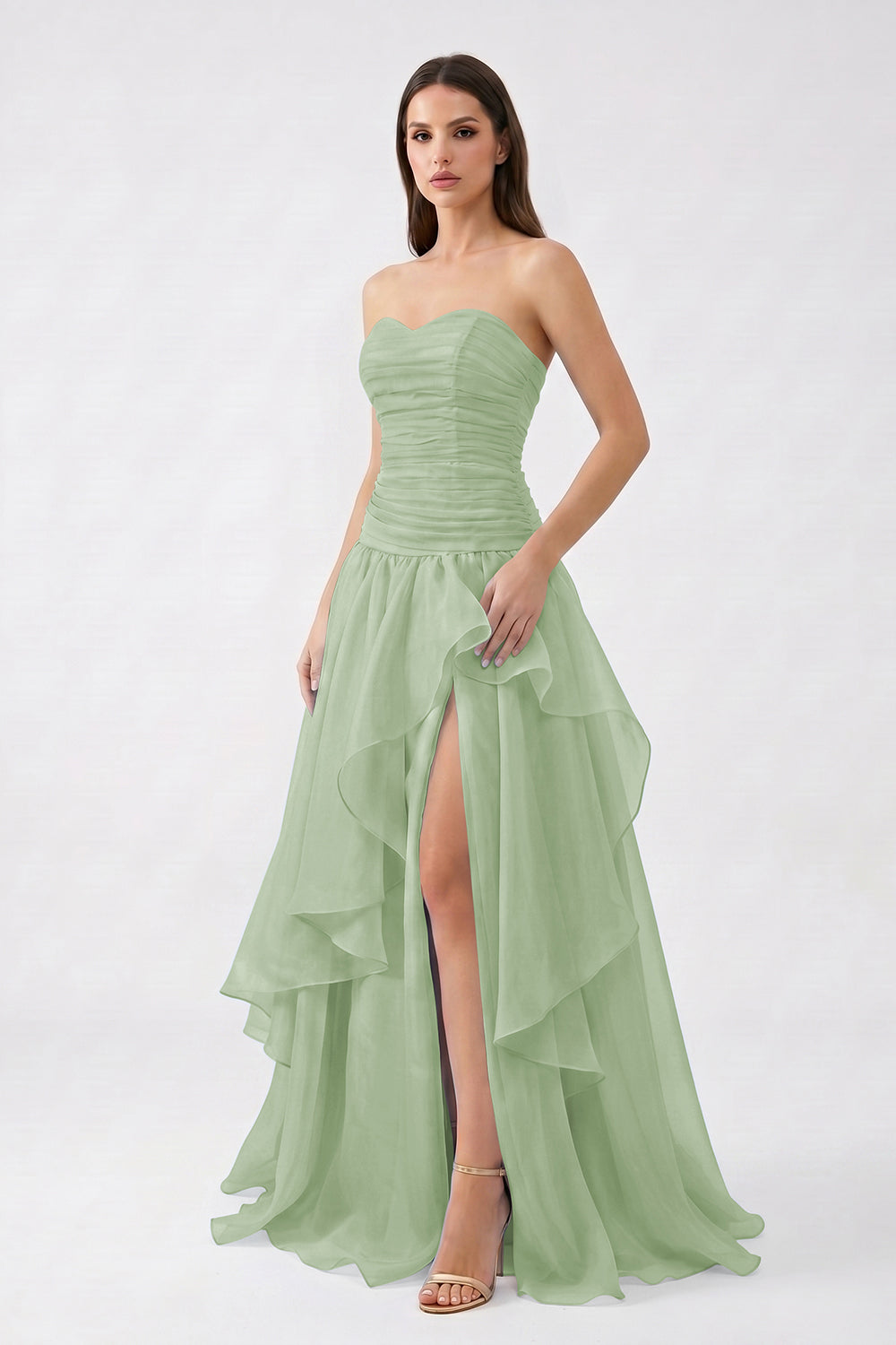 Light Blue Strapless Ruched Chiffon Bridesmaid Dress | Tiered Slit Formal Gown