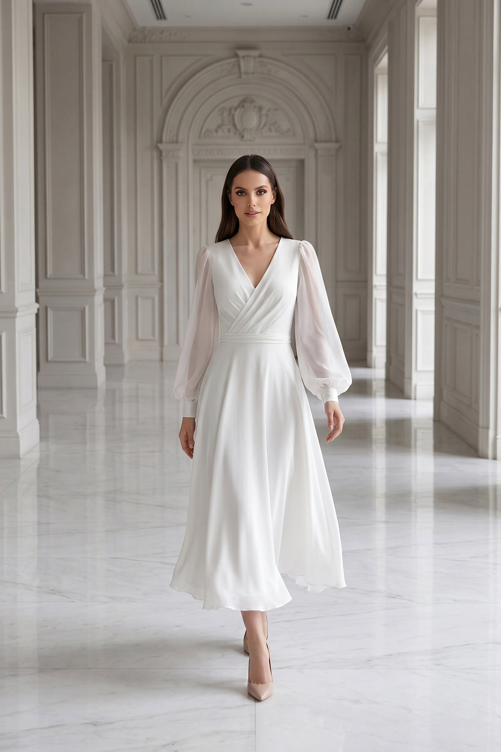 Long Sheer Sleeve White Chiffon Midi Bridal Dress | V-Neck A-Line Wedding Gown
