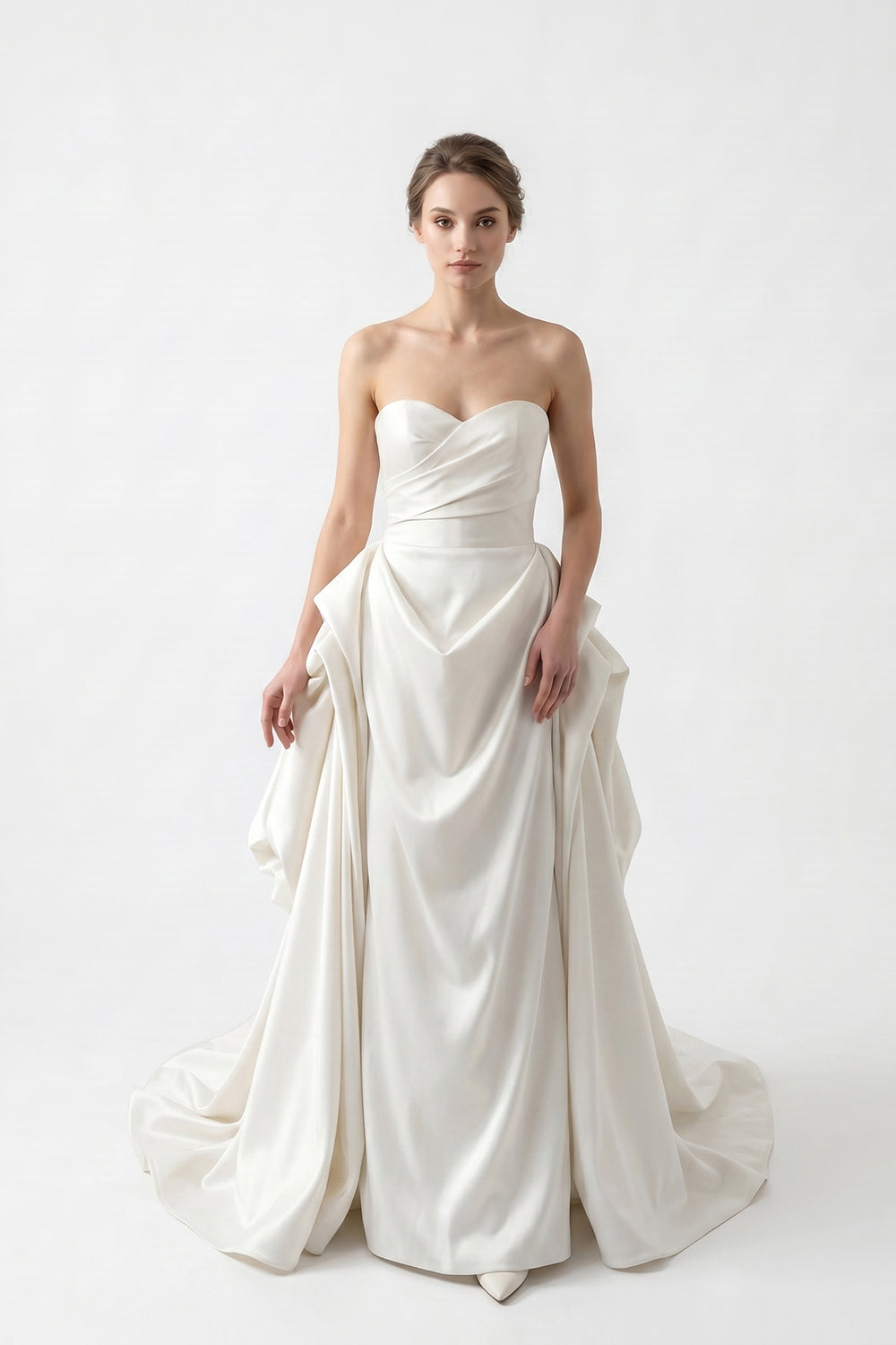 Strapless Sweetheart Satin Wedding Dress with Dramatic Draped Skirt & Train