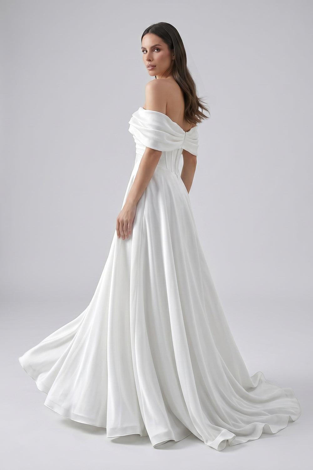 Off-the-Shoulder Chiffon A-Line Wedding Dress | Corset Bodice Bridal Gown with Train