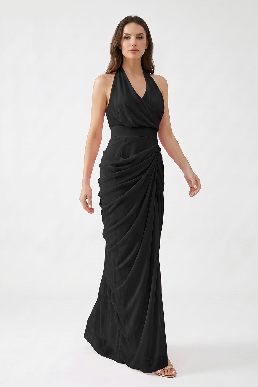 Pink Halter Neck Draped Chiffon Bridesmaid Dress | Formal Evening Gown