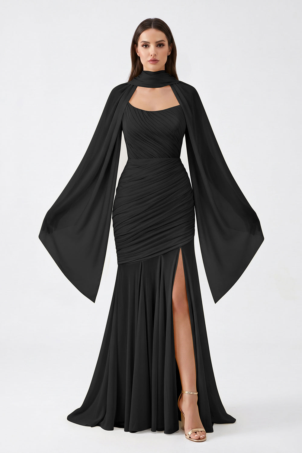 Yellow Cape Sleeve Ruched Chiffon Bridesmaid Dress | Slit Mermaid Formal Gown