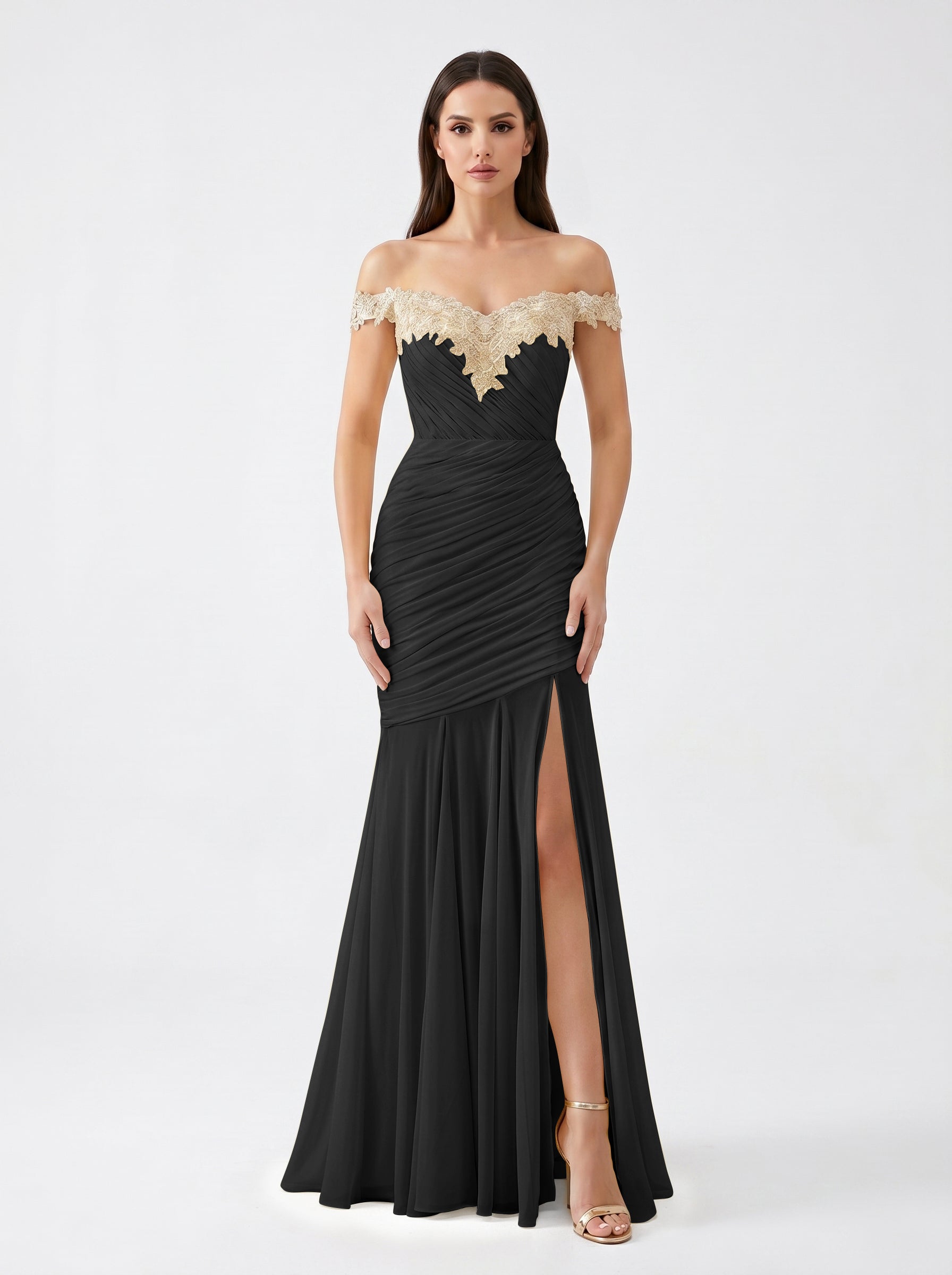 Yellow Off-Shoulder Lace Ruched Chiffon Bridesmaid Dress | Slit Mermaid Formal Gown