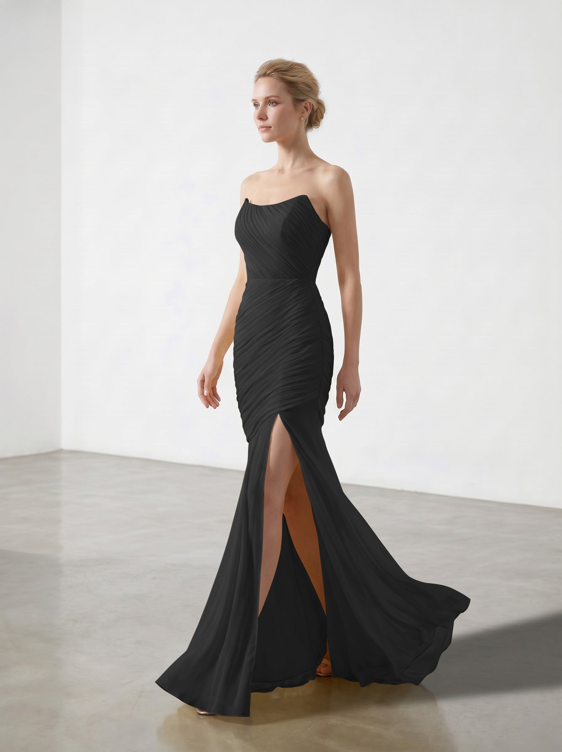 Yellow Strapless Ruched Chiffon Bridesmaid Dress | Slit Mermaid Formal Gown