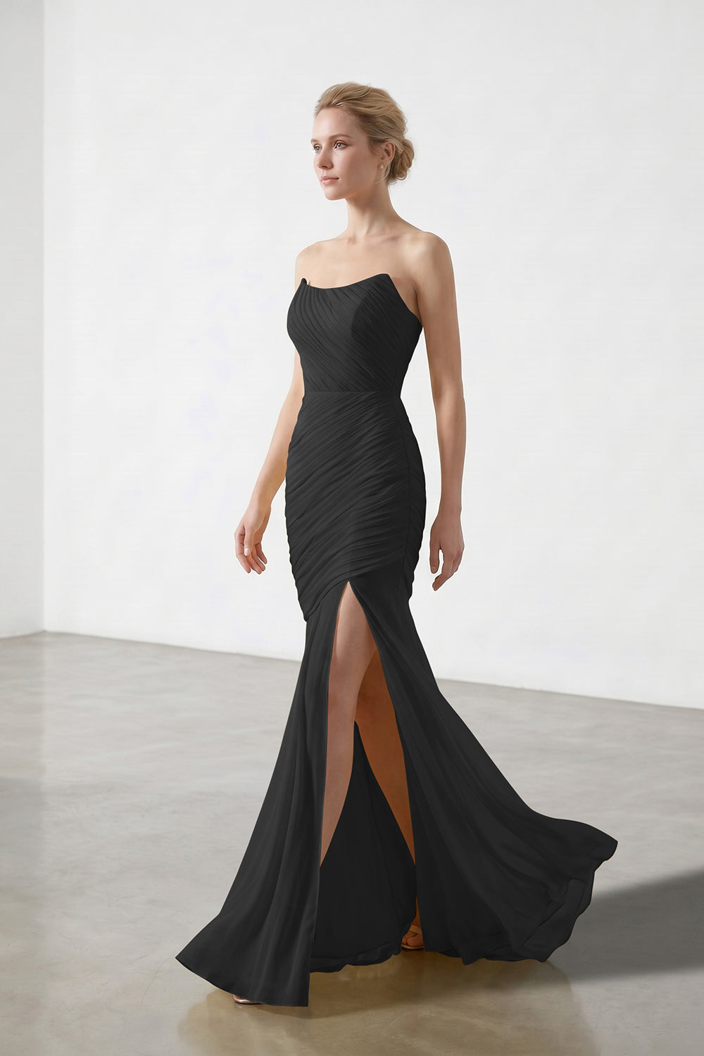 Yellow Strapless Ruched Chiffon Bridesmaid Dress | Slit Mermaid Formal Gown