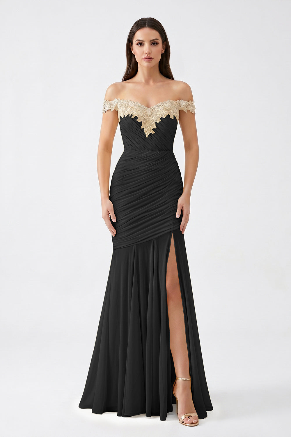Yellow Off-Shoulder Lace Ruched Chiffon Bridesmaid Dress | Slit Mermaid Formal Gown