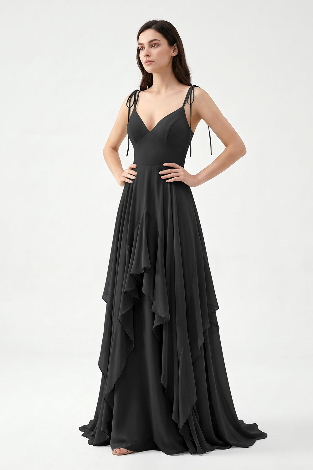 Sage Green Tie-Strap Ruffle Chiffon Bridesmaid Dress | Flowy Formal Gown