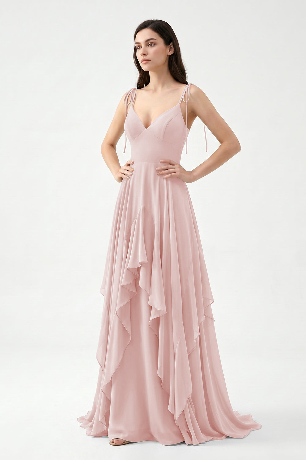 Sage Green Tie-Strap Ruffle Chiffon Bridesmaid Dress | Flowy Formal Gown