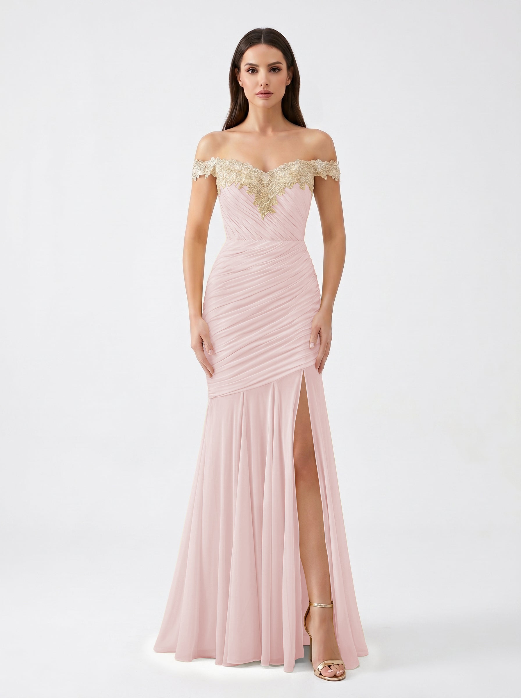 Yellow Off-Shoulder Lace Ruched Chiffon Bridesmaid Dress | Slit Mermaid Formal Gown